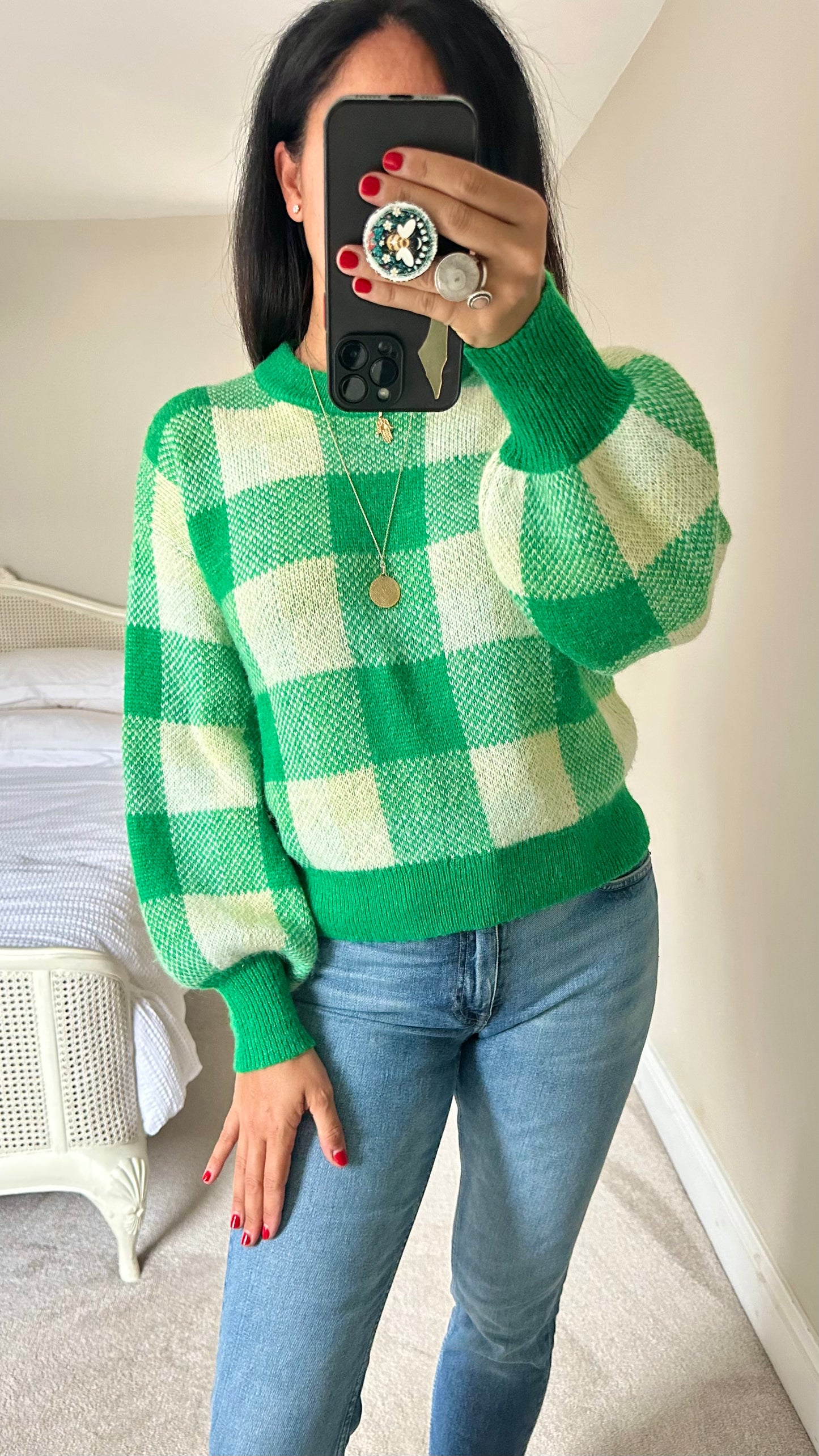 Kitri Green cream gingham check knitted jumper small UK 8 vgc