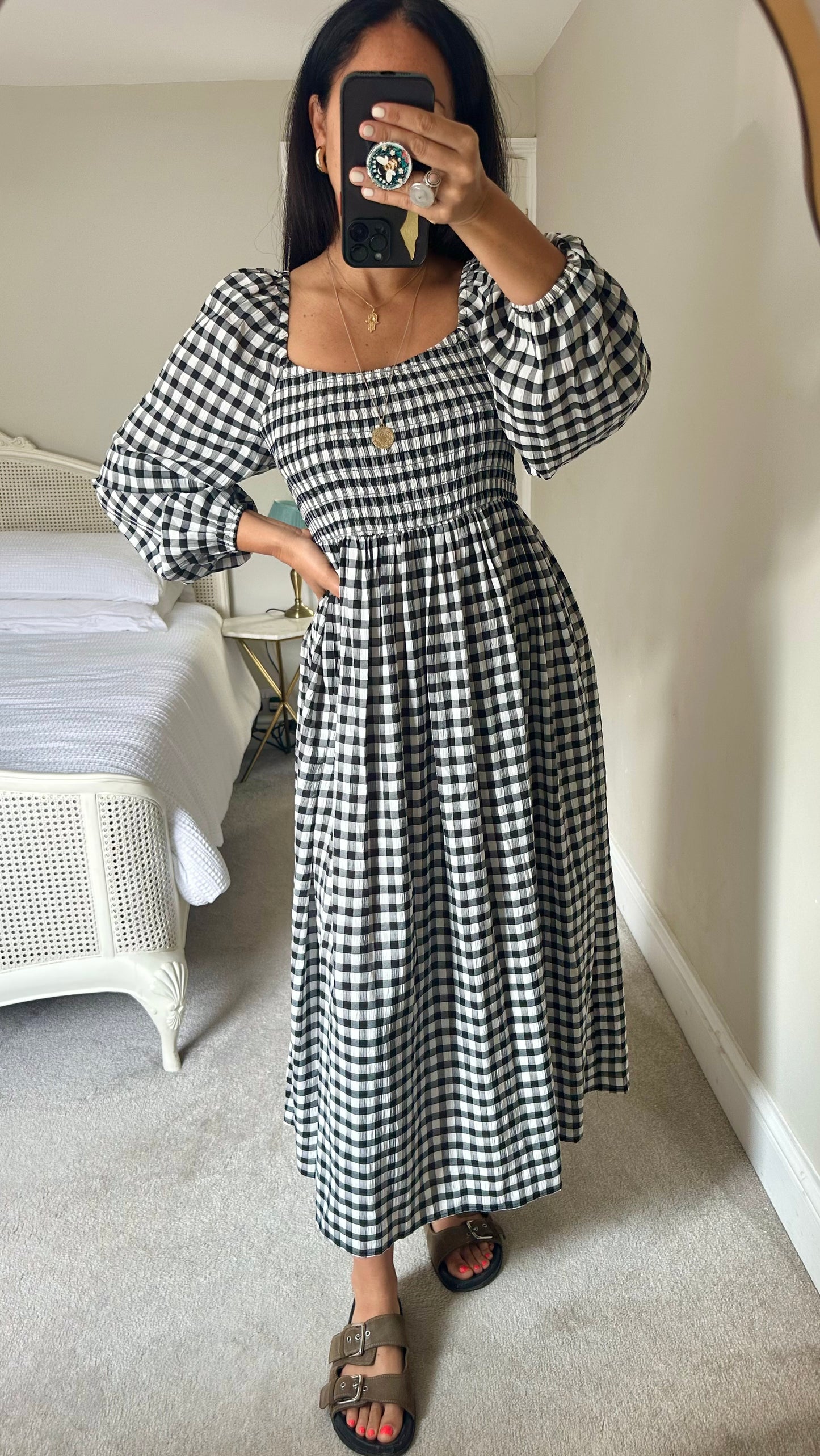 Mint Velvet black cream white gingham check midi long dress medium large UK 12-14 vgc