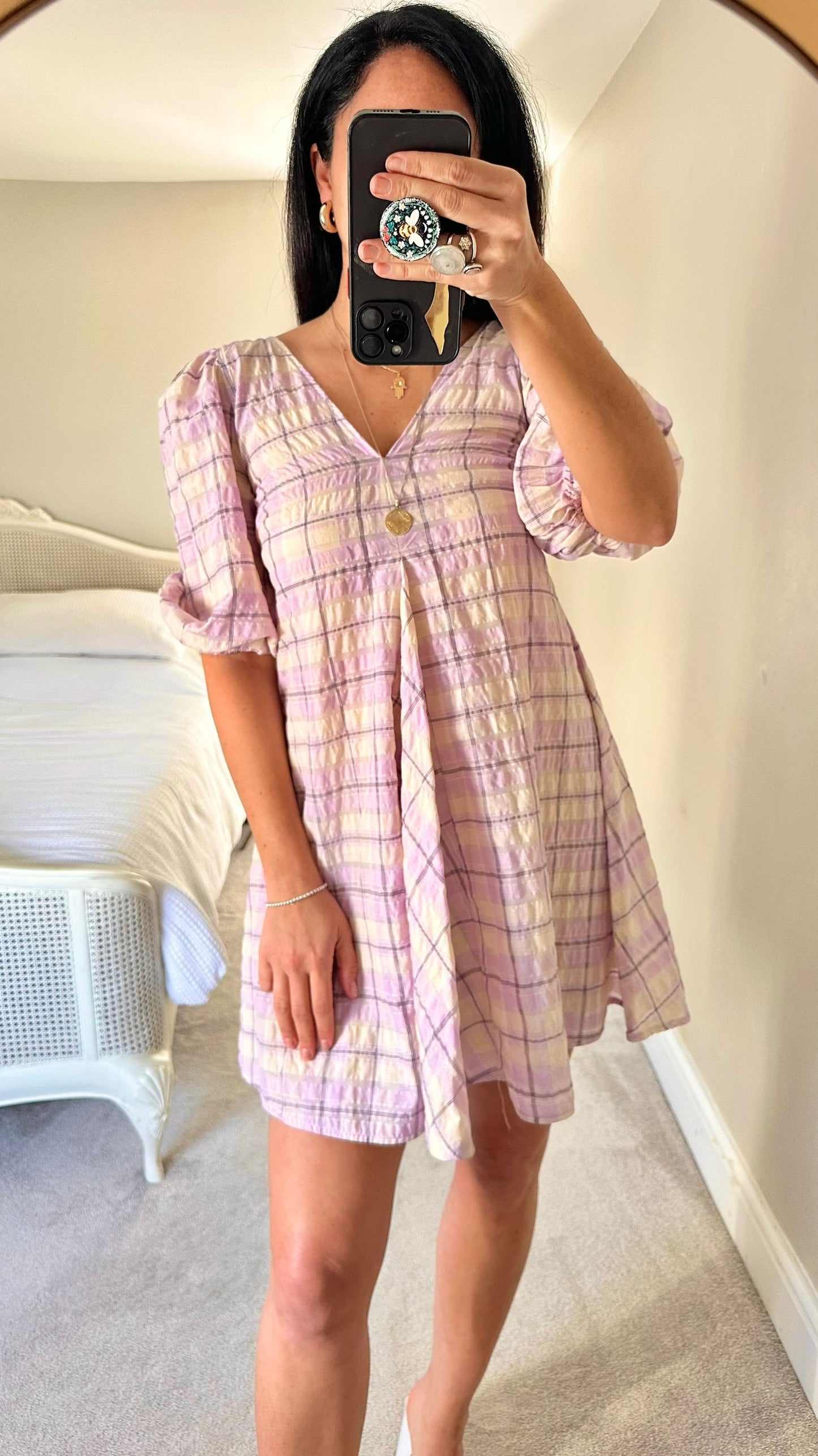 Ganni lilac cream gingham baby doll mini dress holiday medium M UK 10 vgc
