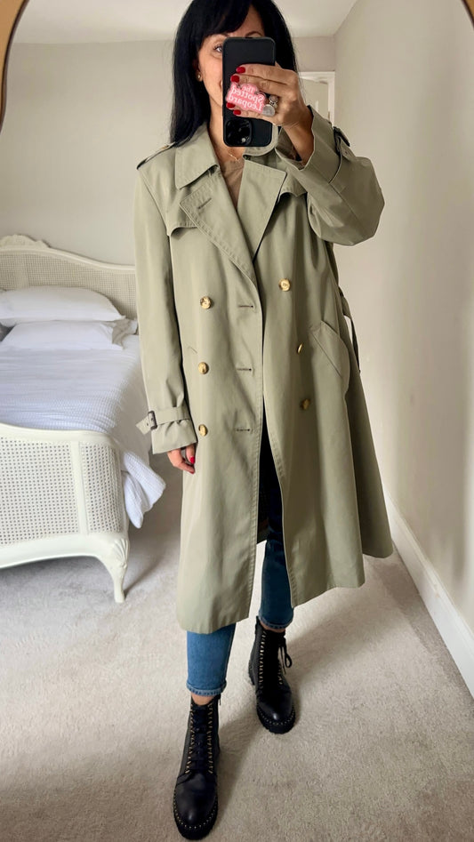 Harrods vintage green gingham lined trench coat jacket extra large UK 14 vgc