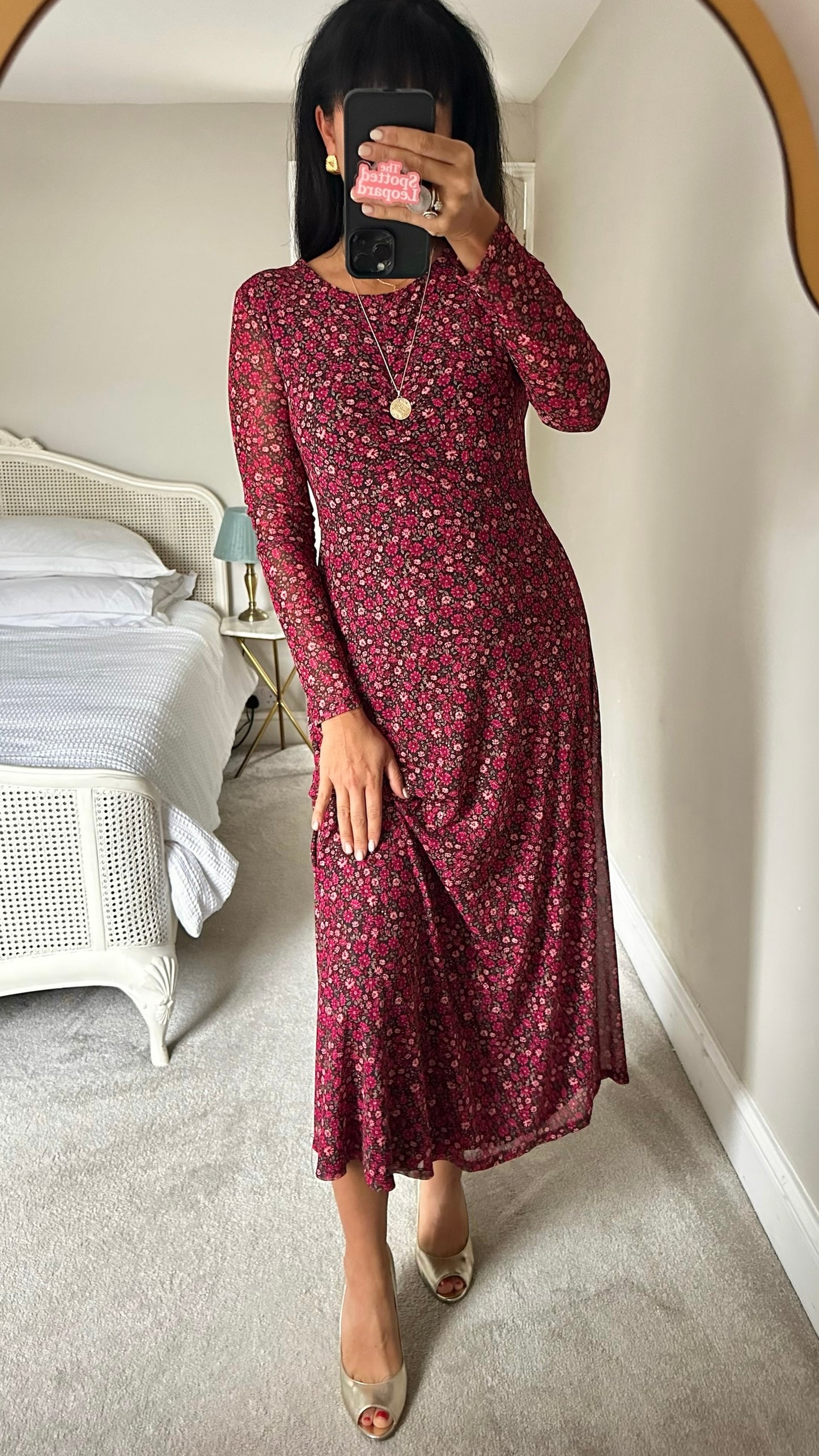 Forever new berry pink purple floral mesh long sleeve event midi maxi dress large UK 12