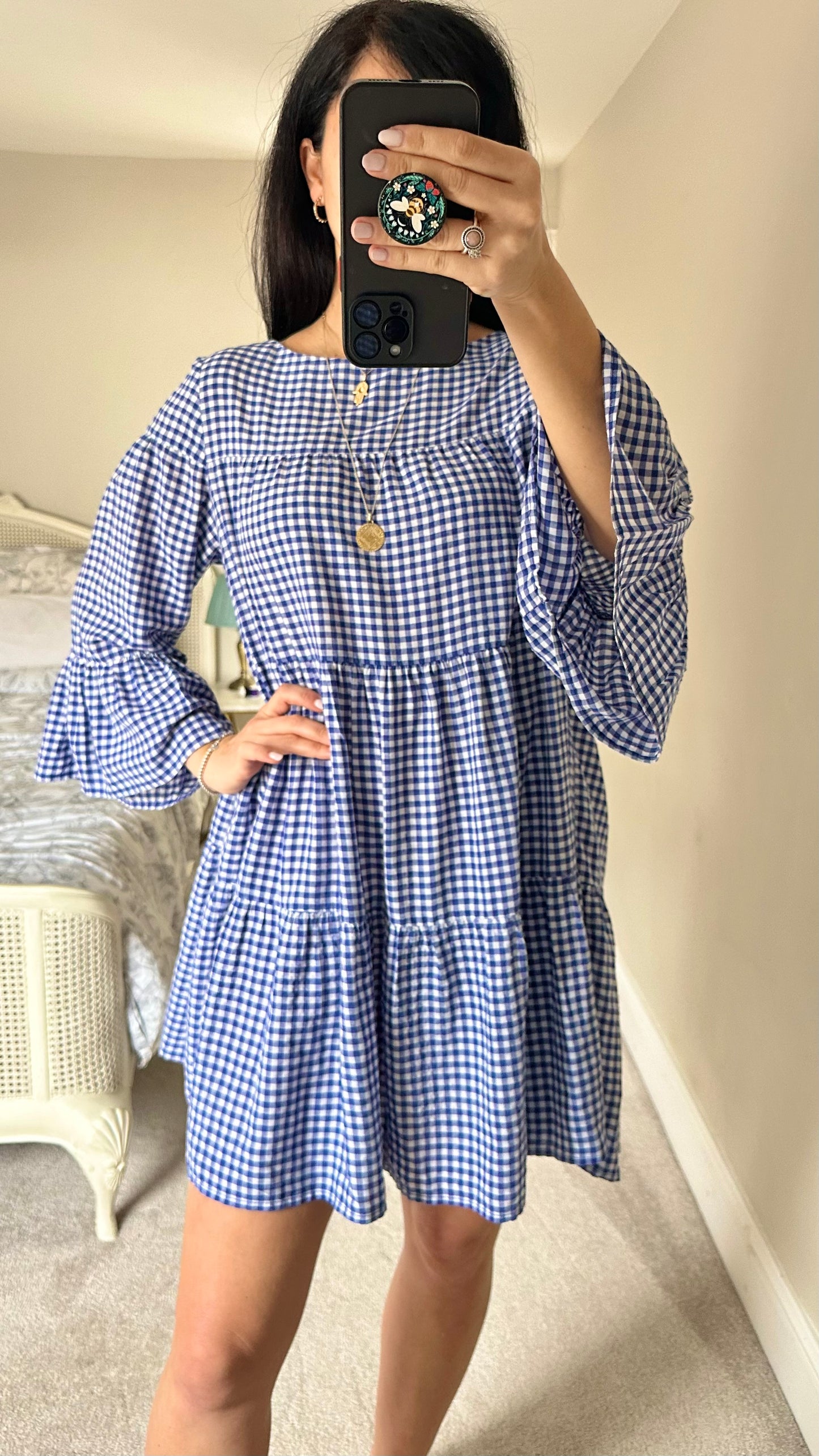 Zara blue white gingham tiered mid length casual dress extra large UK 14 vgc