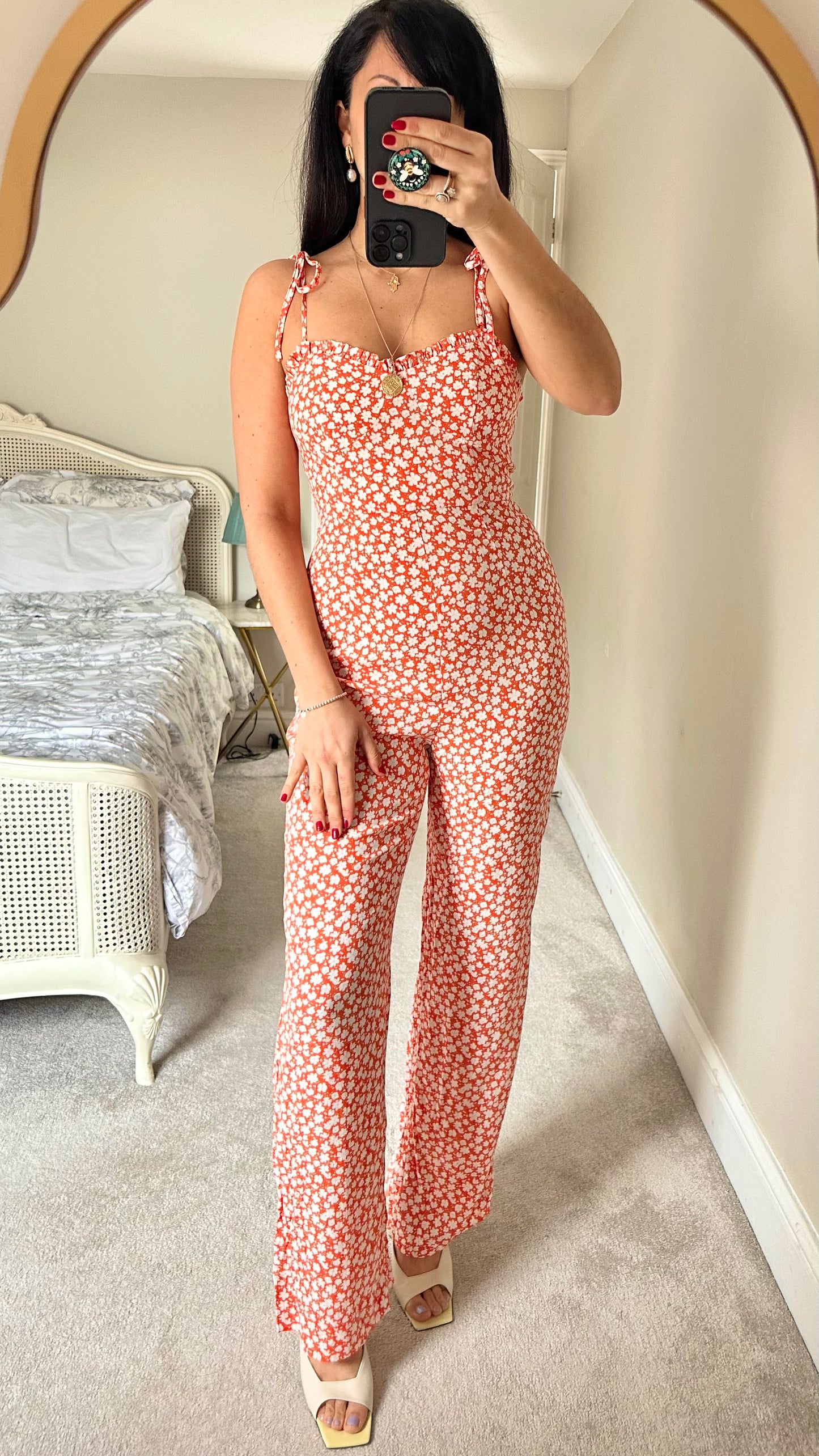 Mango orange white floral jumpsuit trousersuit extra large UK 14 longline holiday vgc