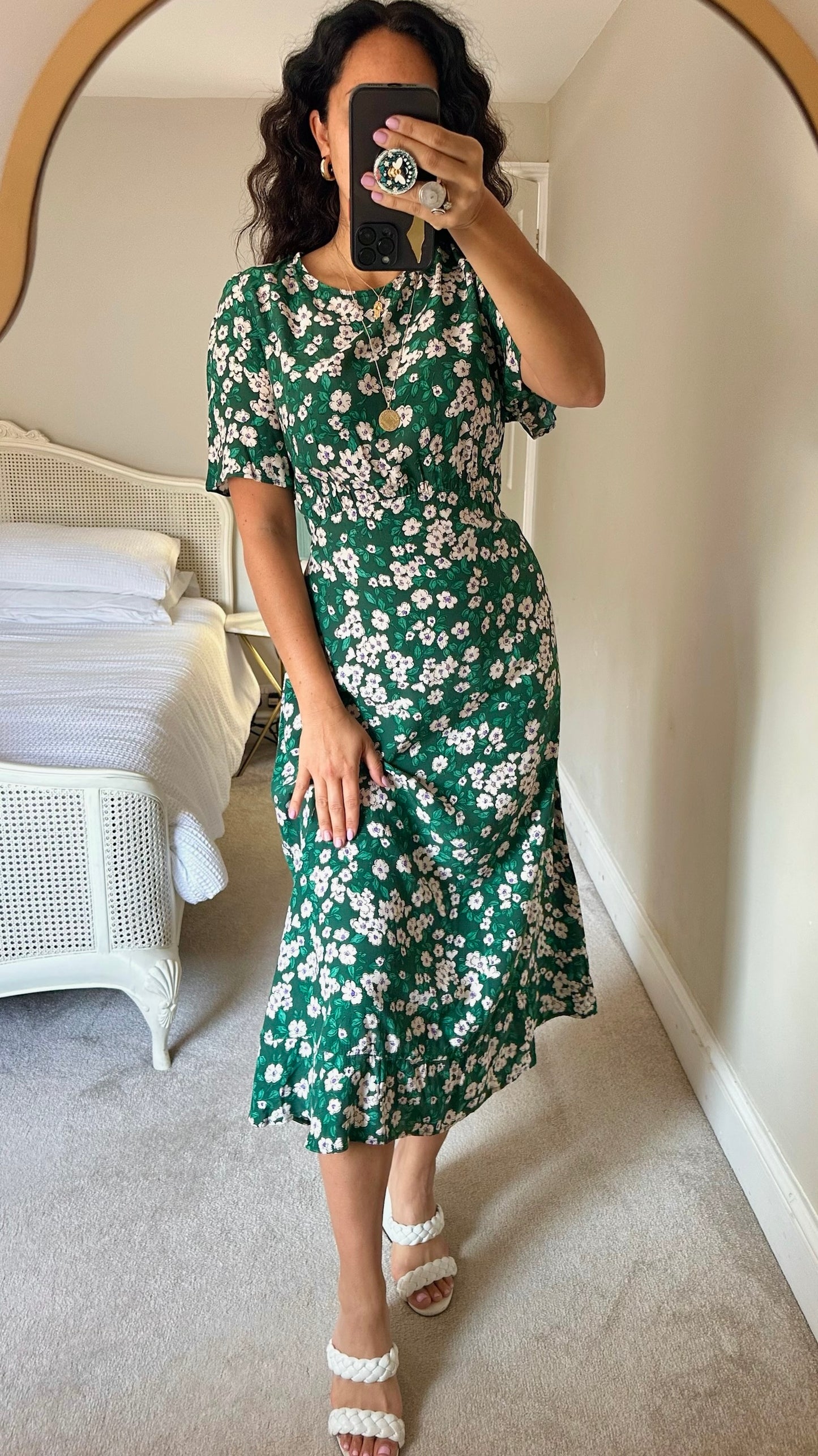 Nobody’s child dark green white floral print open back midi dress wedding guest extra large XL UK 14 vgc