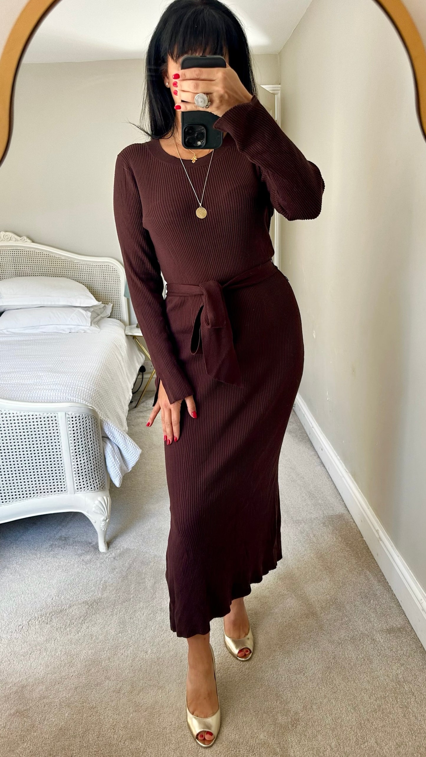 Forever new chocolate brown knitted ribbed midi jumper dress extra large XL UK 14
