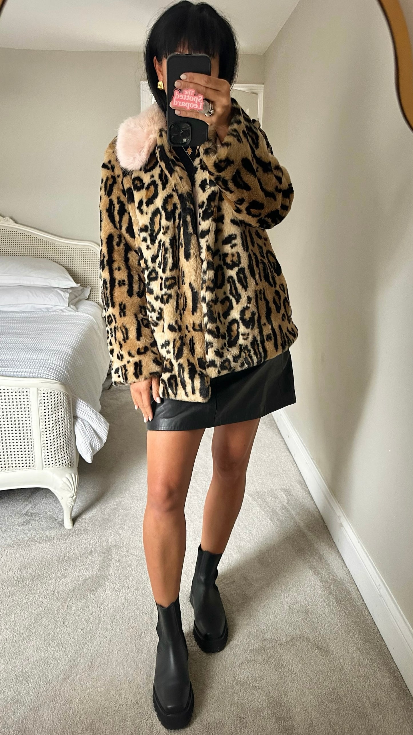 Topshop leopard print pink faux fur jacket coat large L UK 12 excellent used condition