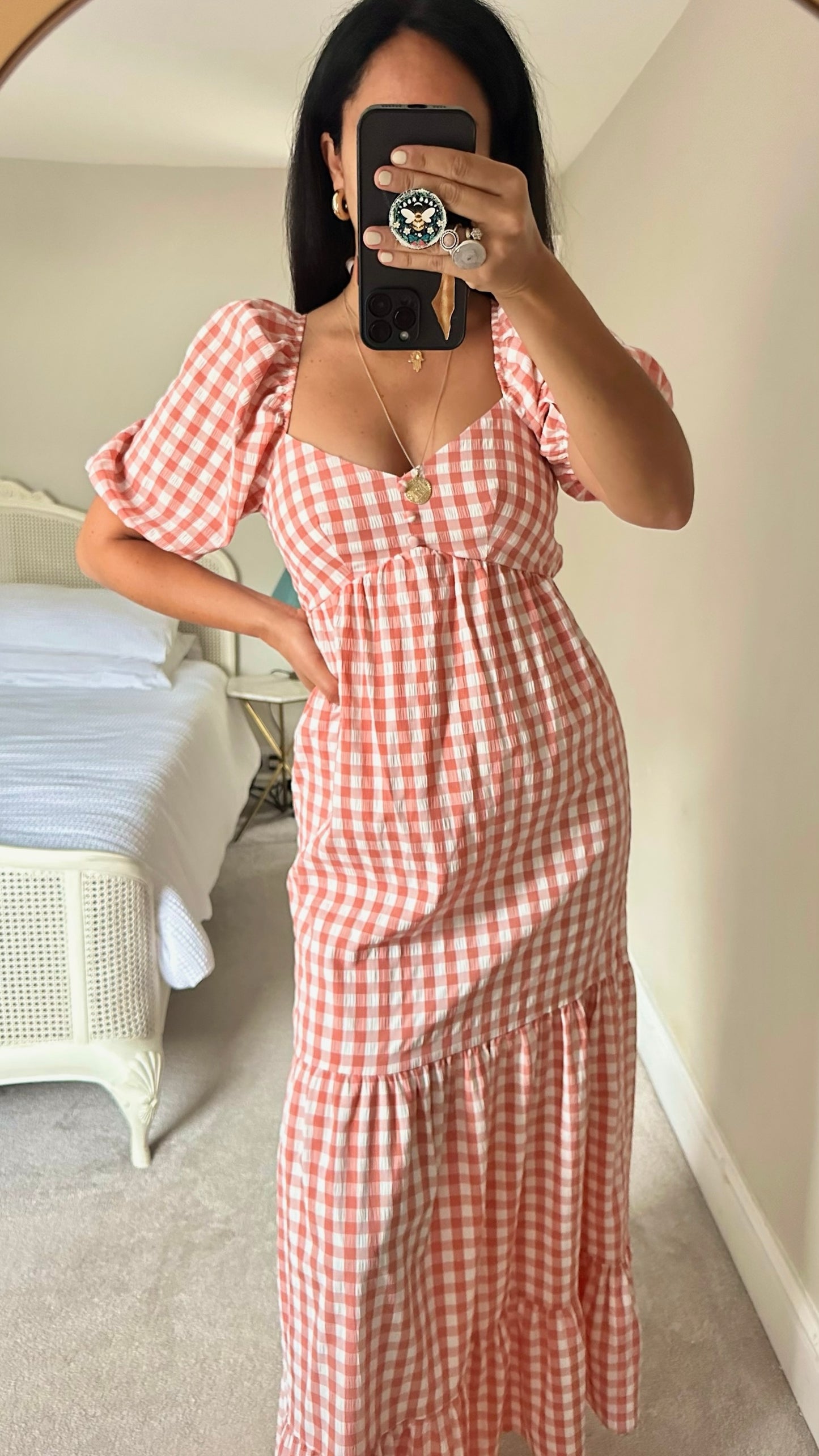 ASOS coral pink white gingham check backless tiered maxi long dress small S UK 8 vgc