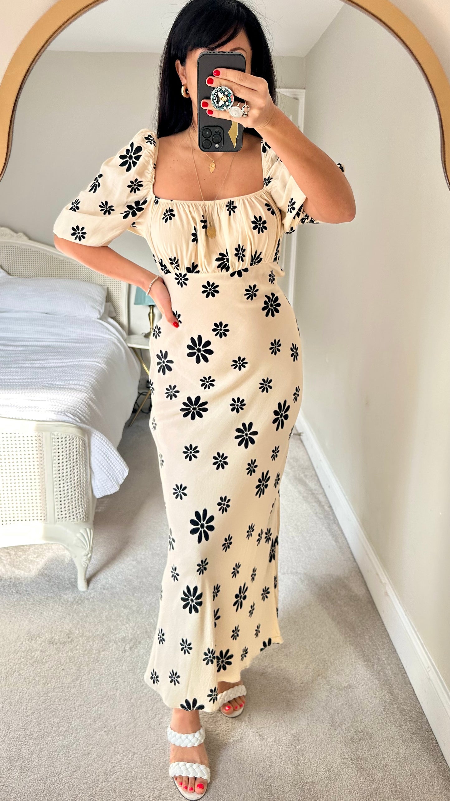 ASOS Tall cream black daisy maxi long dress small extra large UK 8 14 vgc wedding guest