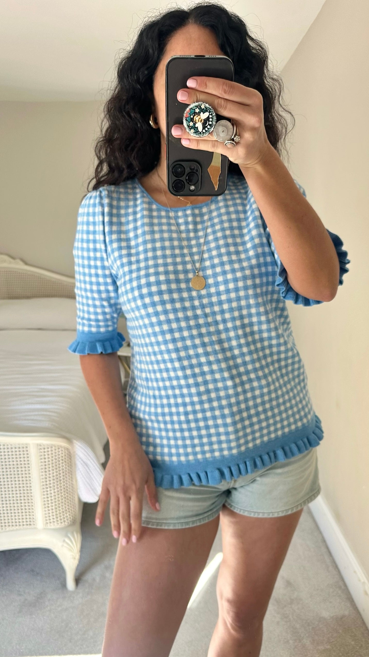 La Radoute blue white gingham short sleeve top medium M UK 12