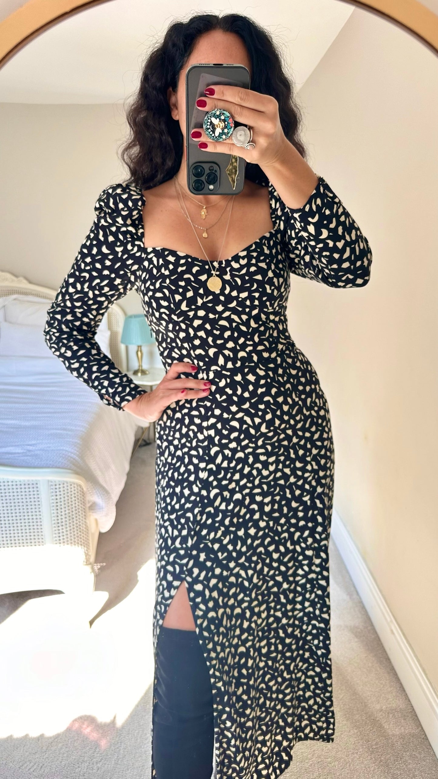 & Other stories black and cream abstract side split long sleeve midi dress extra large UK 14-16