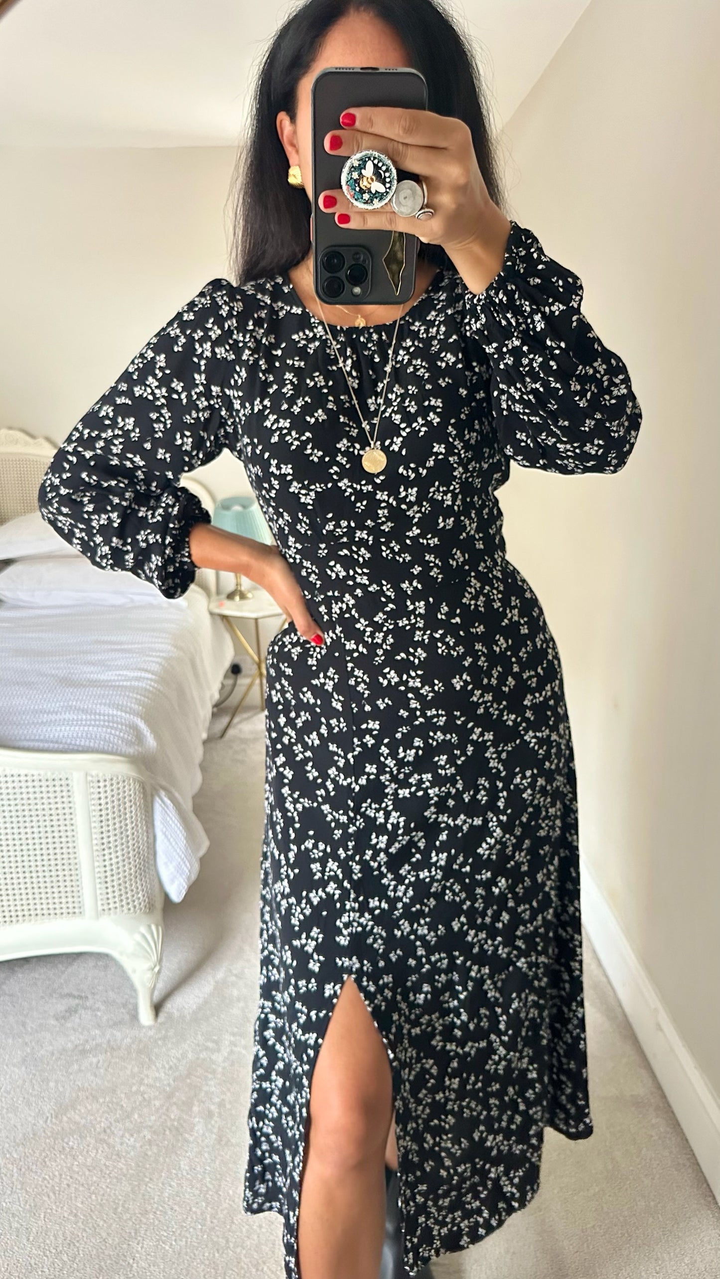 & other stories black white floral side split maxi midi dress large UK 12 vgc w25
