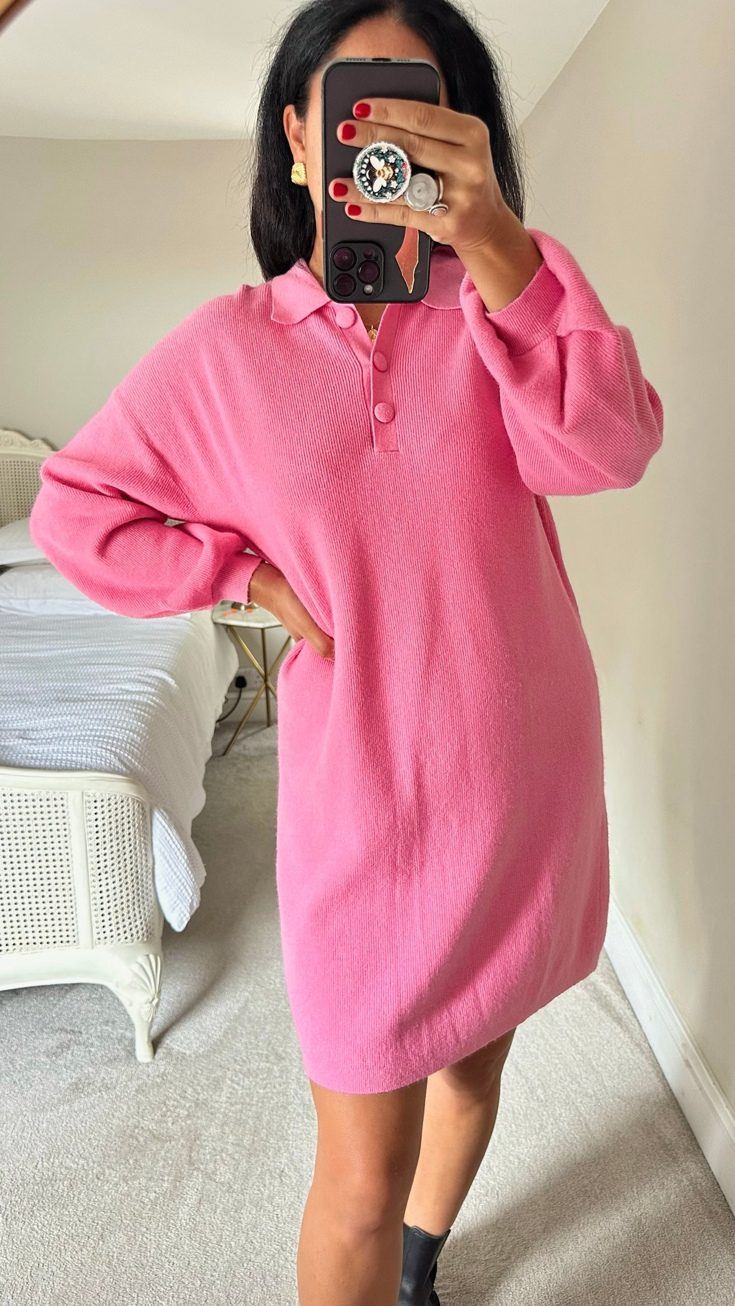 Oliver bonas candy pink knitted jumper dress large UK 12 vgc w25