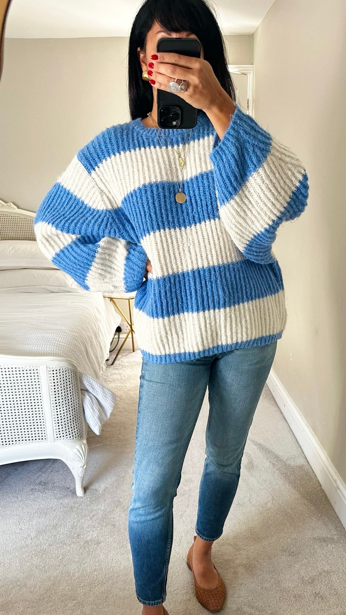 Topshop white blue stripe oversized jumper large UK 12-14 vgc
