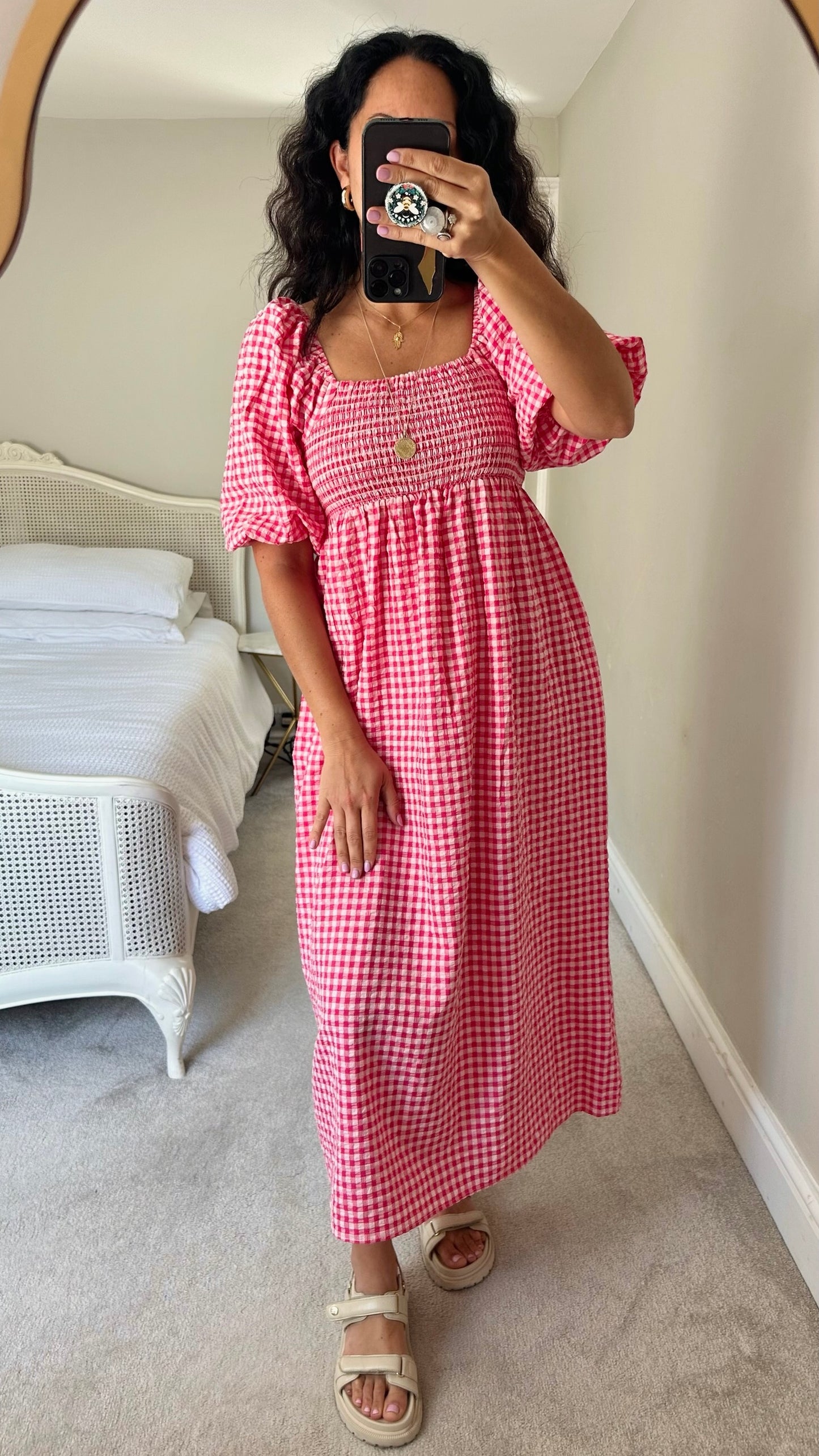 Nobody’s child pink gingham puff-sleeved midi long dress medium UK 10-12