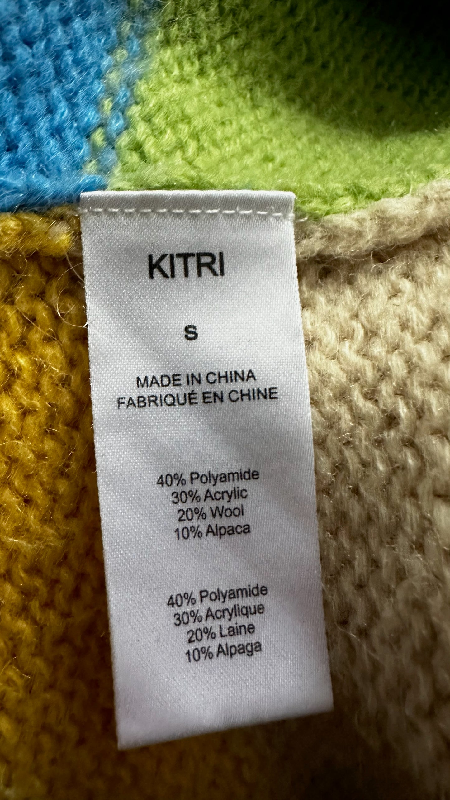 Kitri blue yellow green patchwork alpaca wool blend knitted mini dress large UK 12 vgc