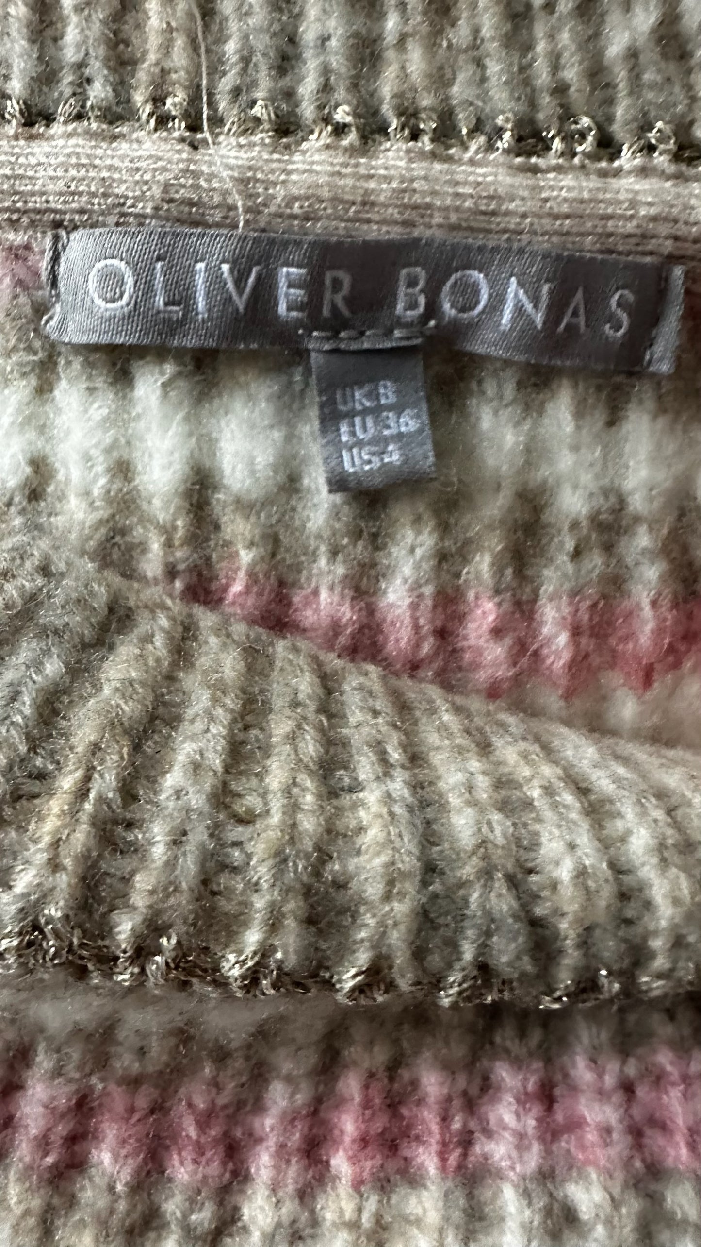 Oliver bonas pink cream white stripe shimmer knitted jumper small UK 8-10 vgc