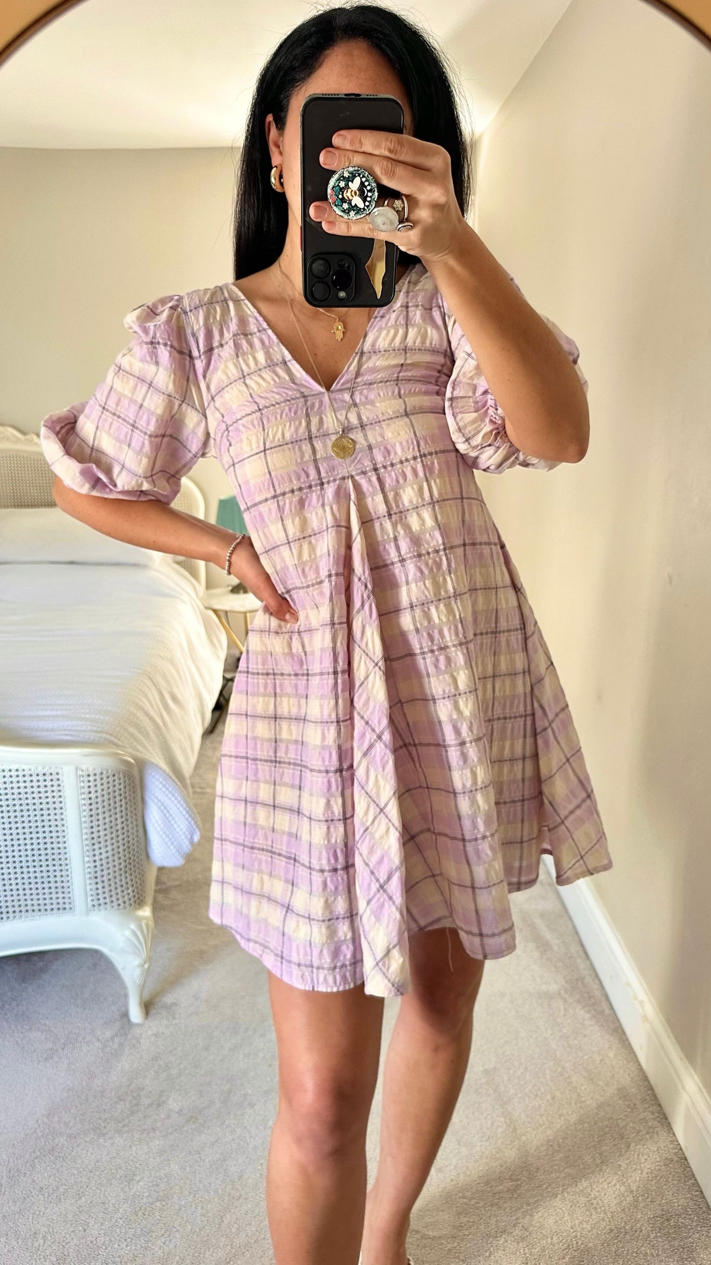 Ganni lilac cream gingham baby doll mini dress holiday medium M UK 10 vgc