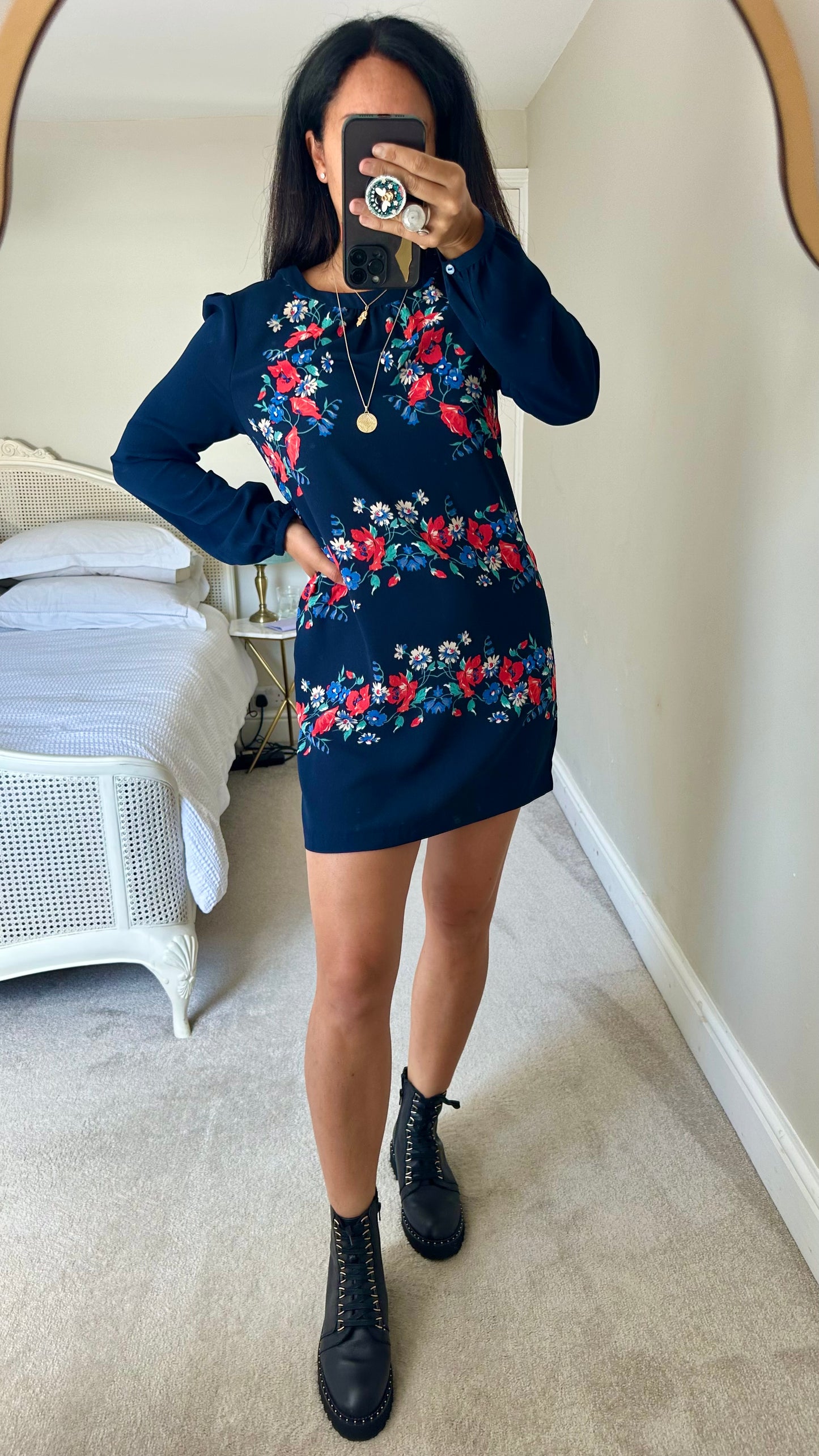 Warehouse navy blue red floral mini dress large UK 12 vgc w25