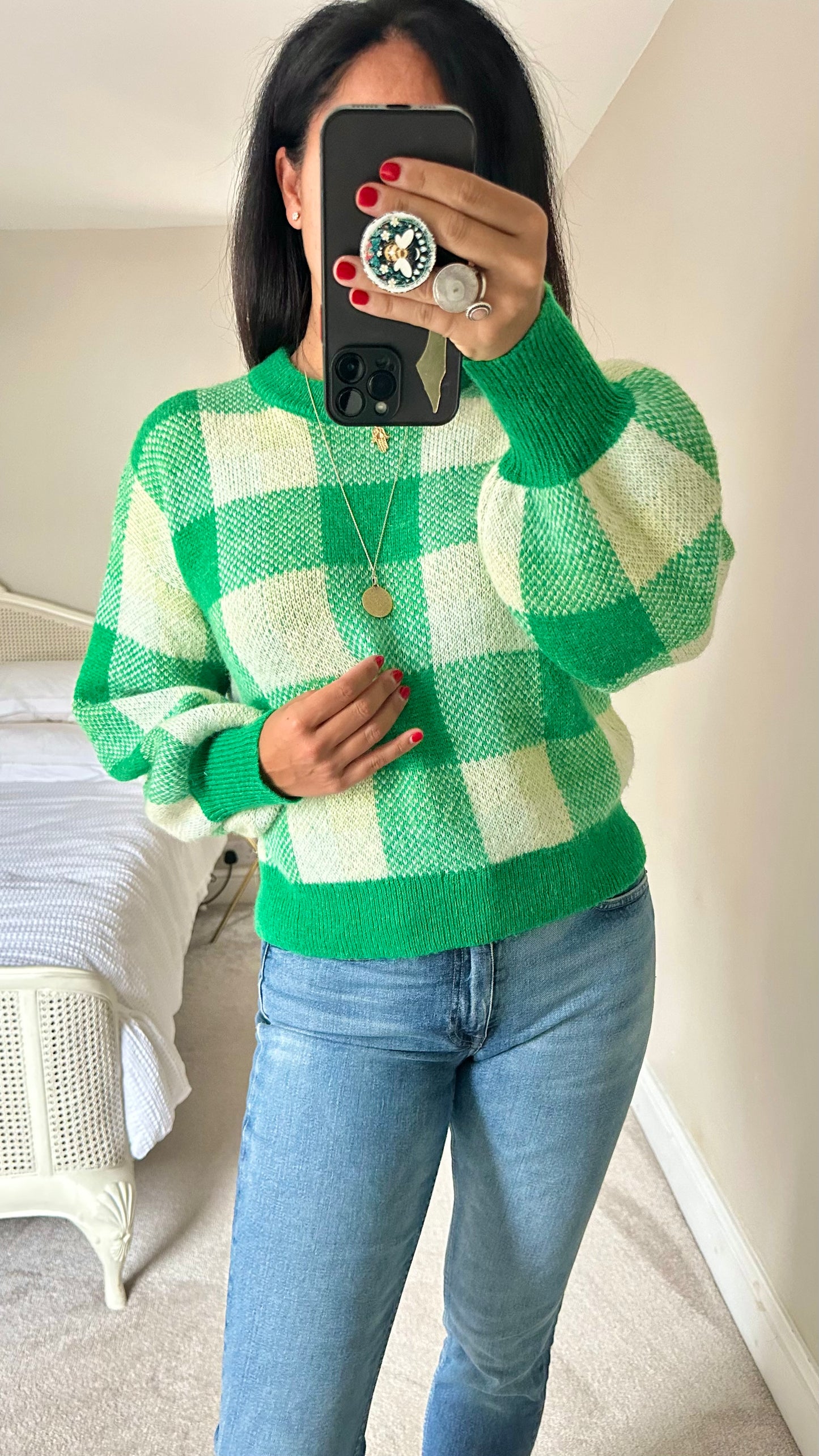 Kitri Green cream gingham check knitted jumper small UK 8 vgc