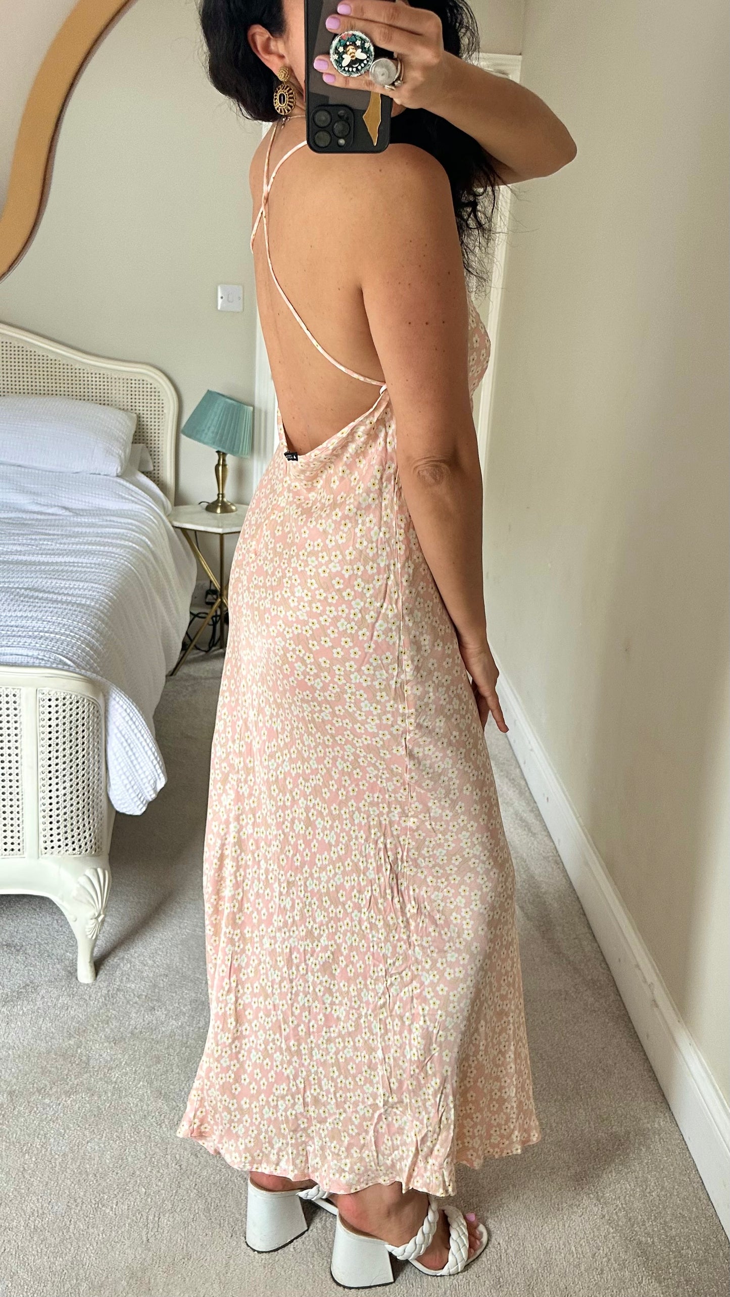 Zara rose pink cream daisy print backless maxi boho dress large UK 12 14 vgc
