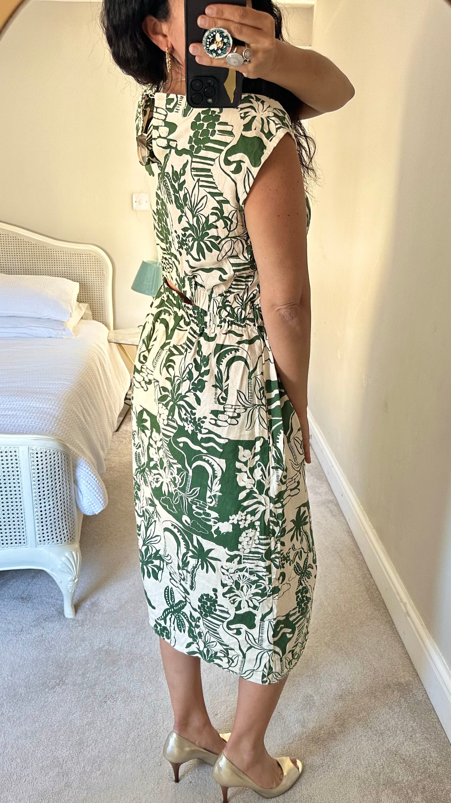 Feather & Bone @ Anthropologie Green cream holiday palm print linen blend dress UK 10-12