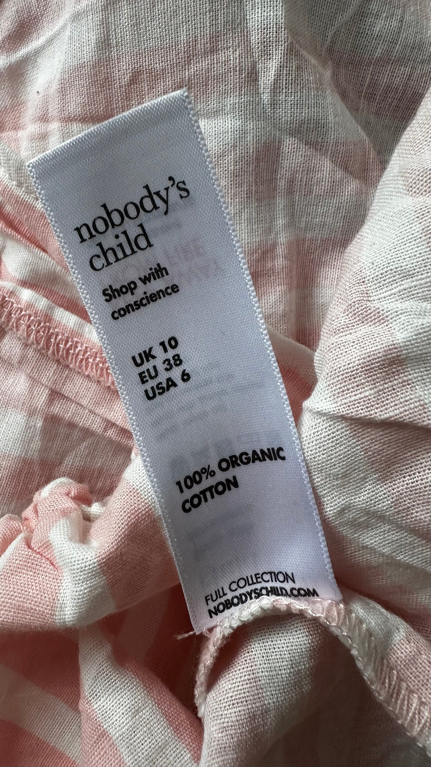 Nobody’s Child pink white stripe organic cotton holiday dress mini small UK 10 vgc