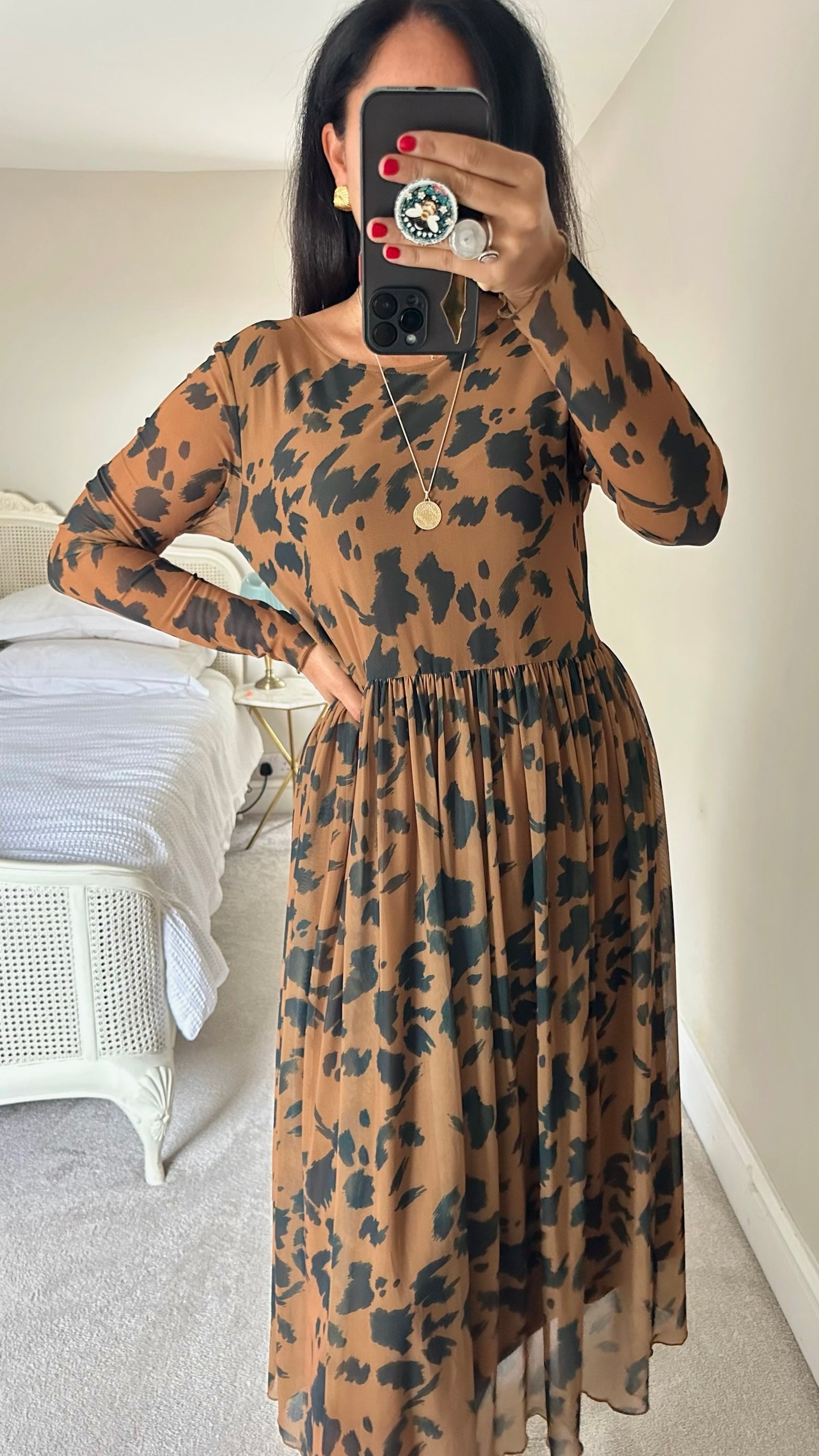 Numph @ Anthropologie brown black leopard animal print mesh dress midi medium UK 10 vgc w25