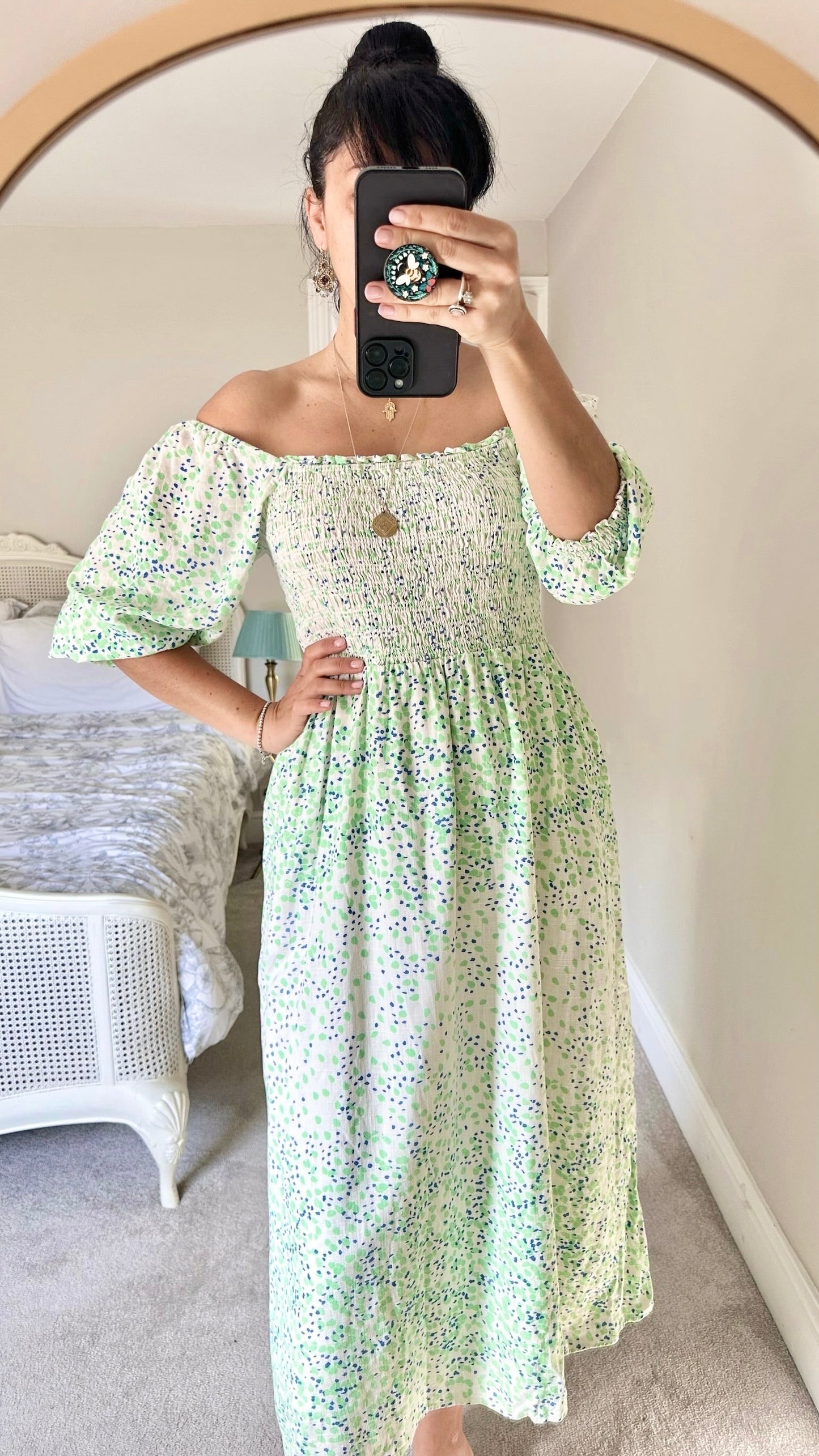 Oliver bonas blue green white polka dot off the shoulder midi dress linen blend extra large UK 14 vgc