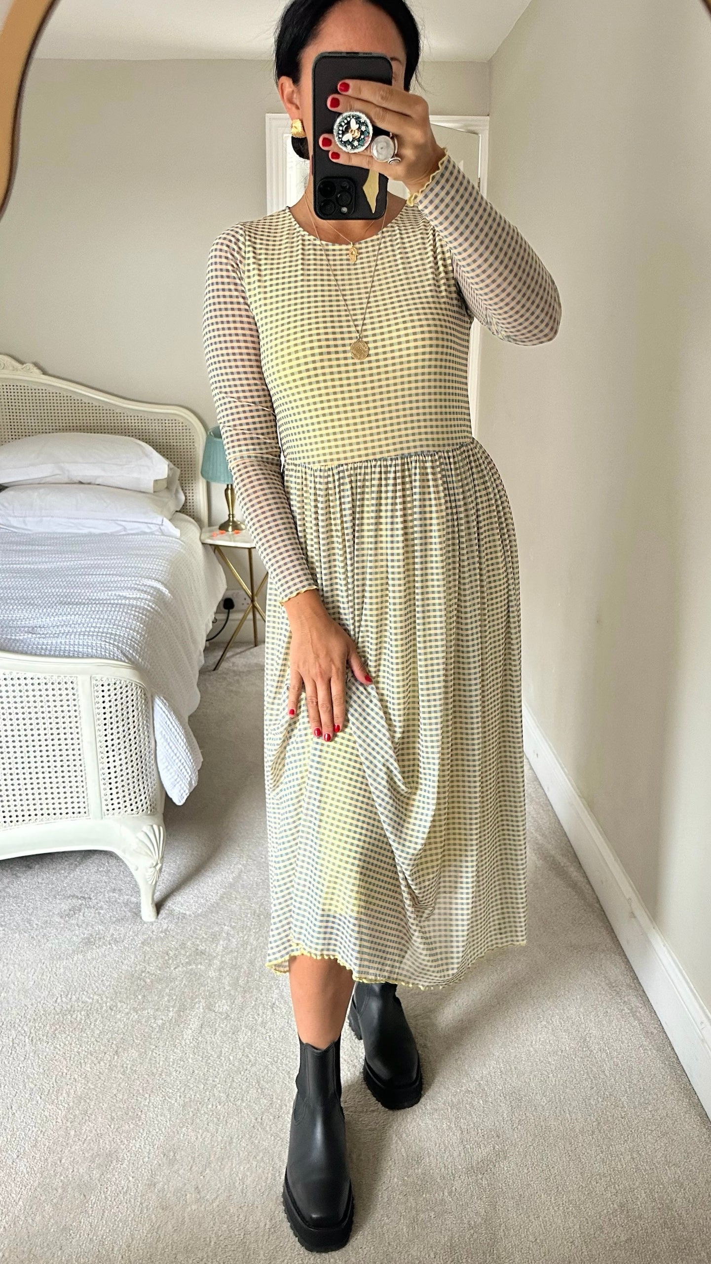 Numph @ anthropologie yellow blue gingham check midi dress mesh small UK 8-10 vgc w25