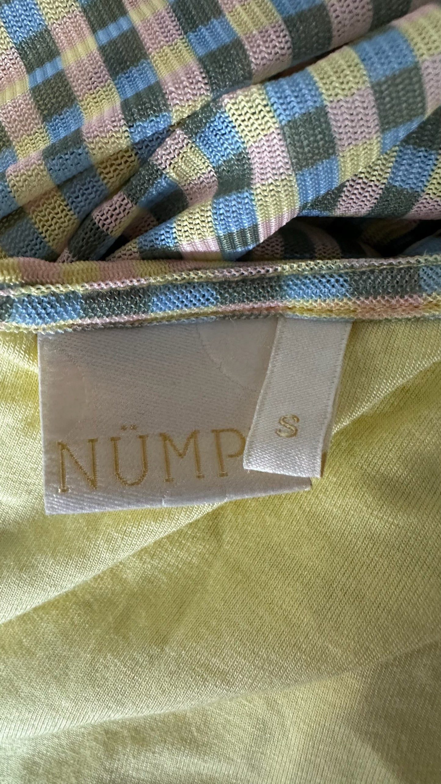 Numph @ anthropologie yellow blue gingham check midi dress mesh small UK 8-10 vgc w25