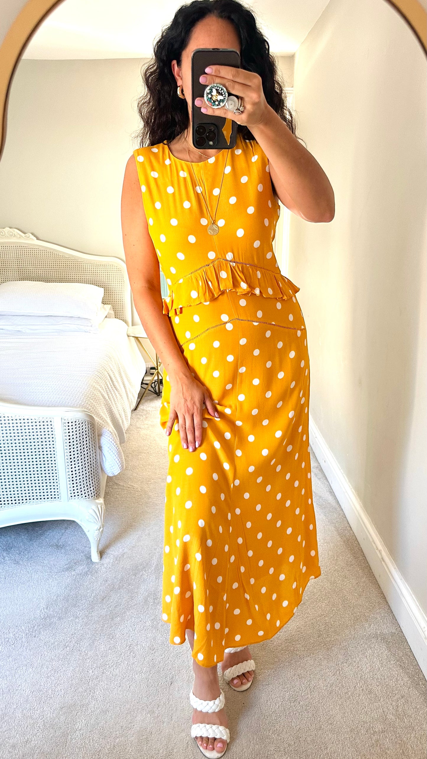 Warehouse mustard yellow white polka dot midi event dress medium large UK 10-12 vgc