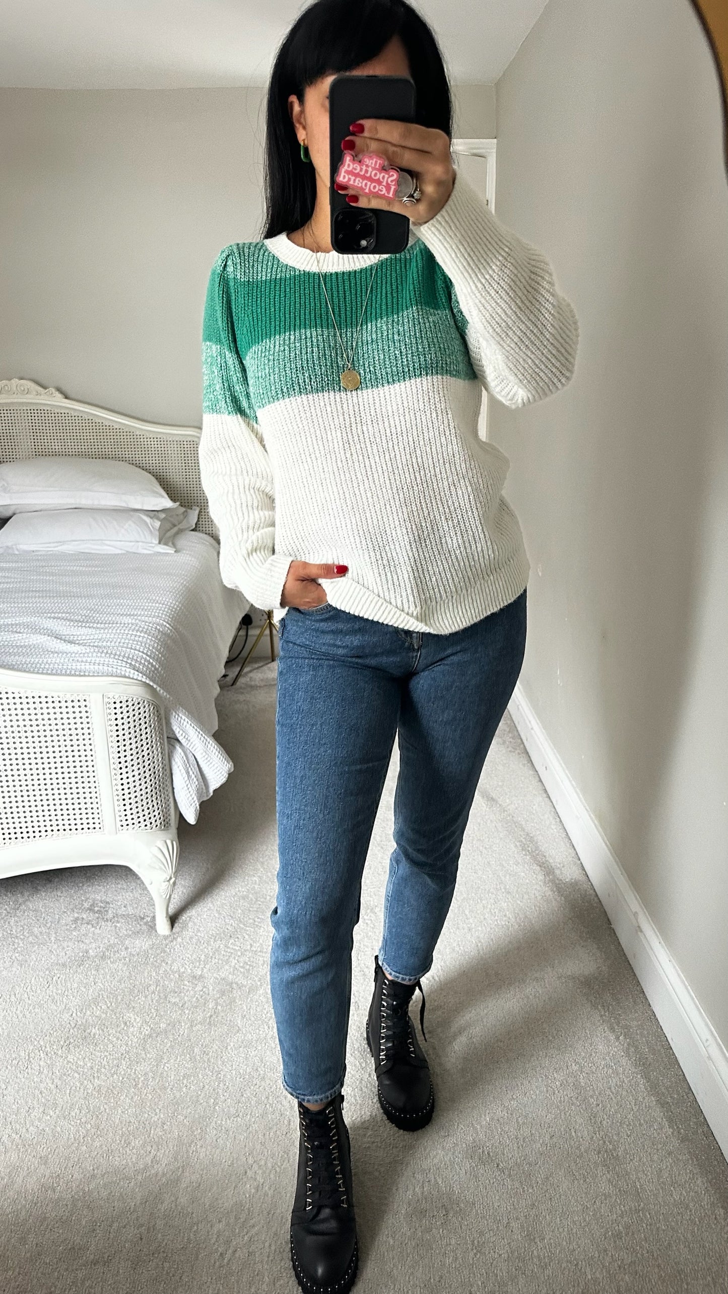 La Petite Etoile @ Anthropologie green white mohair wool blend knitted jumper medium UK 10 vgc