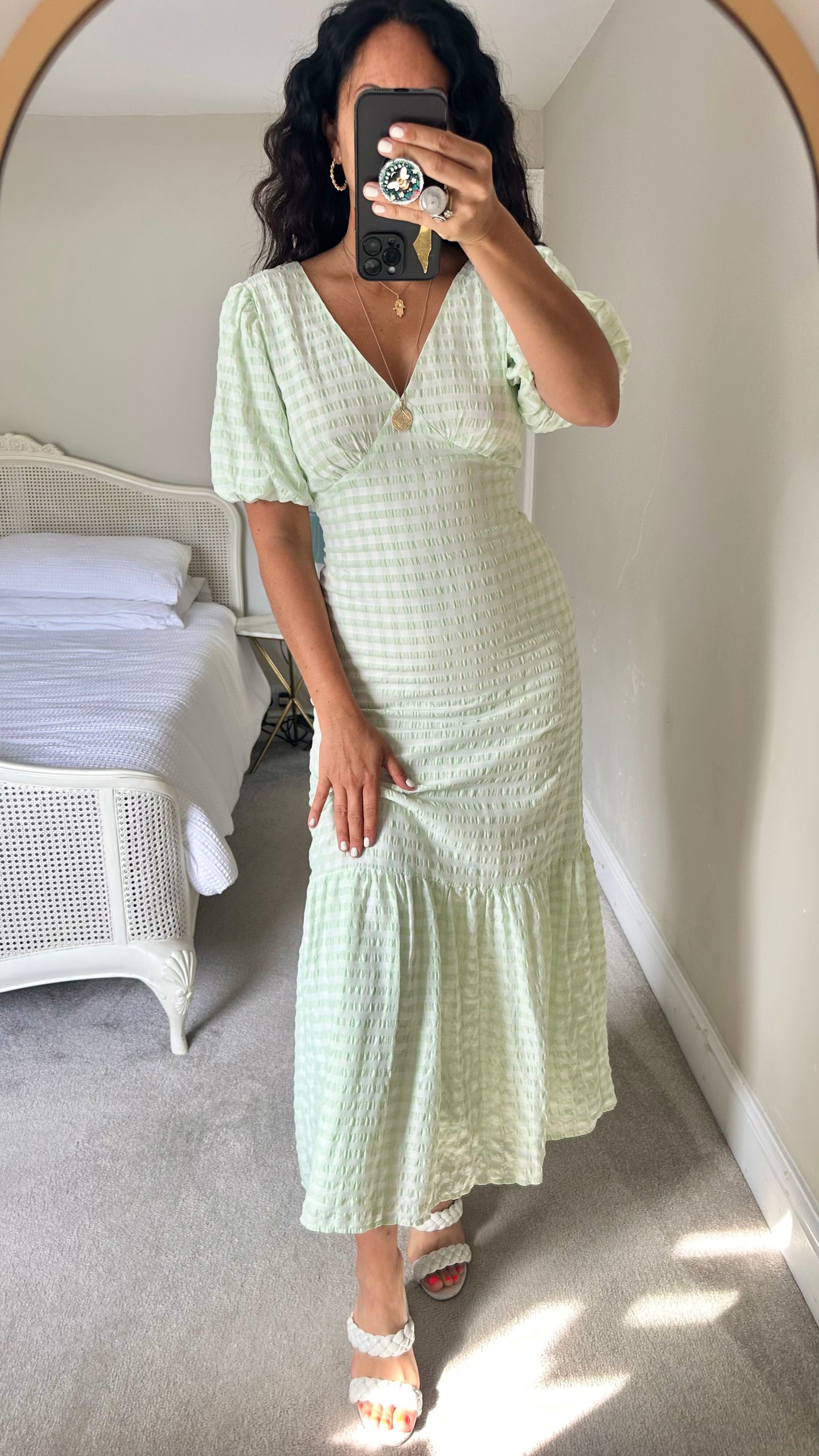 Warehouse light green white gingham check long maxi wedding guest holiday dress small UK 8 vgc