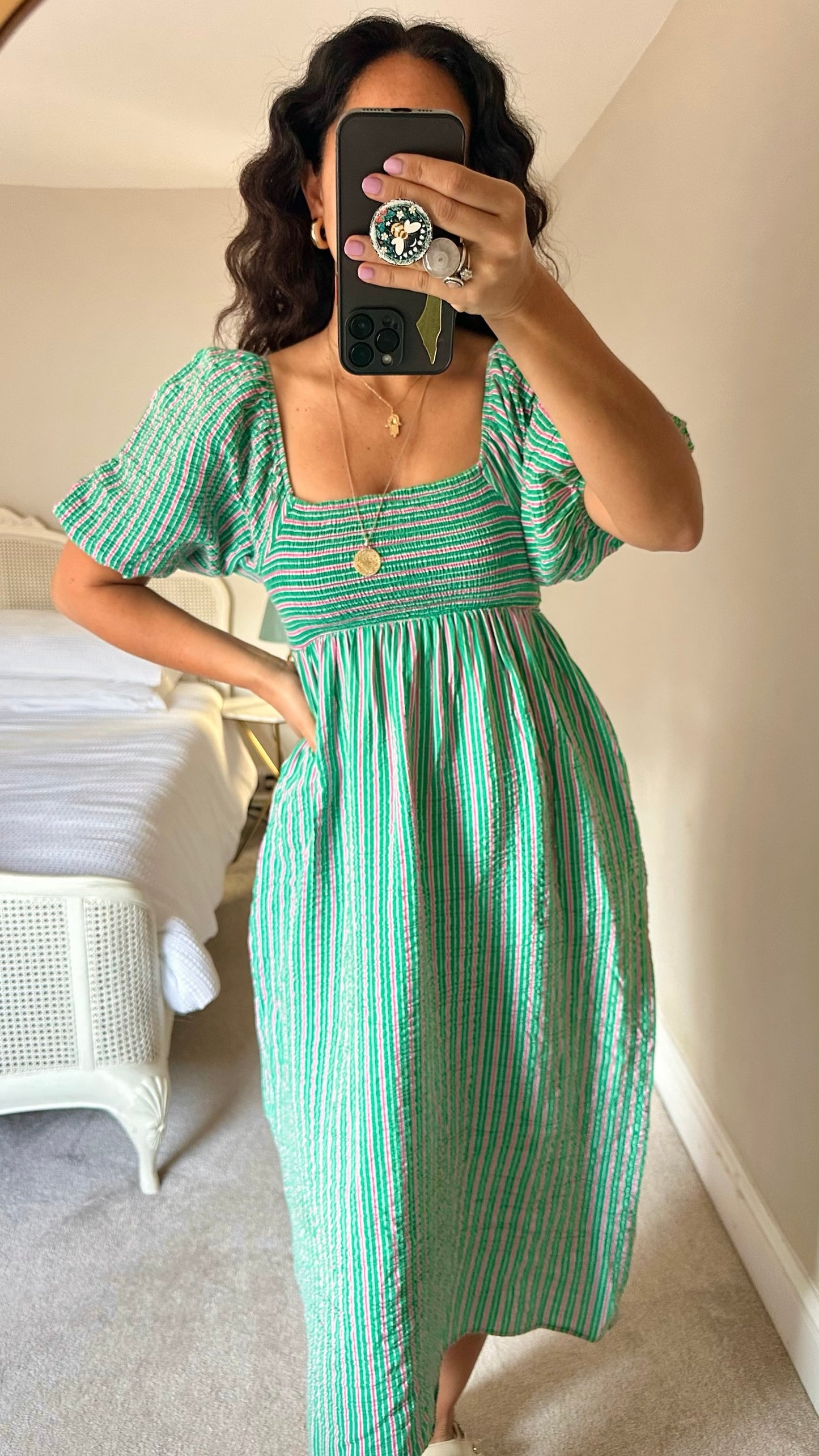 Nobody’s child green pink stripe shirred bust midi dress small S UK 8 vgc