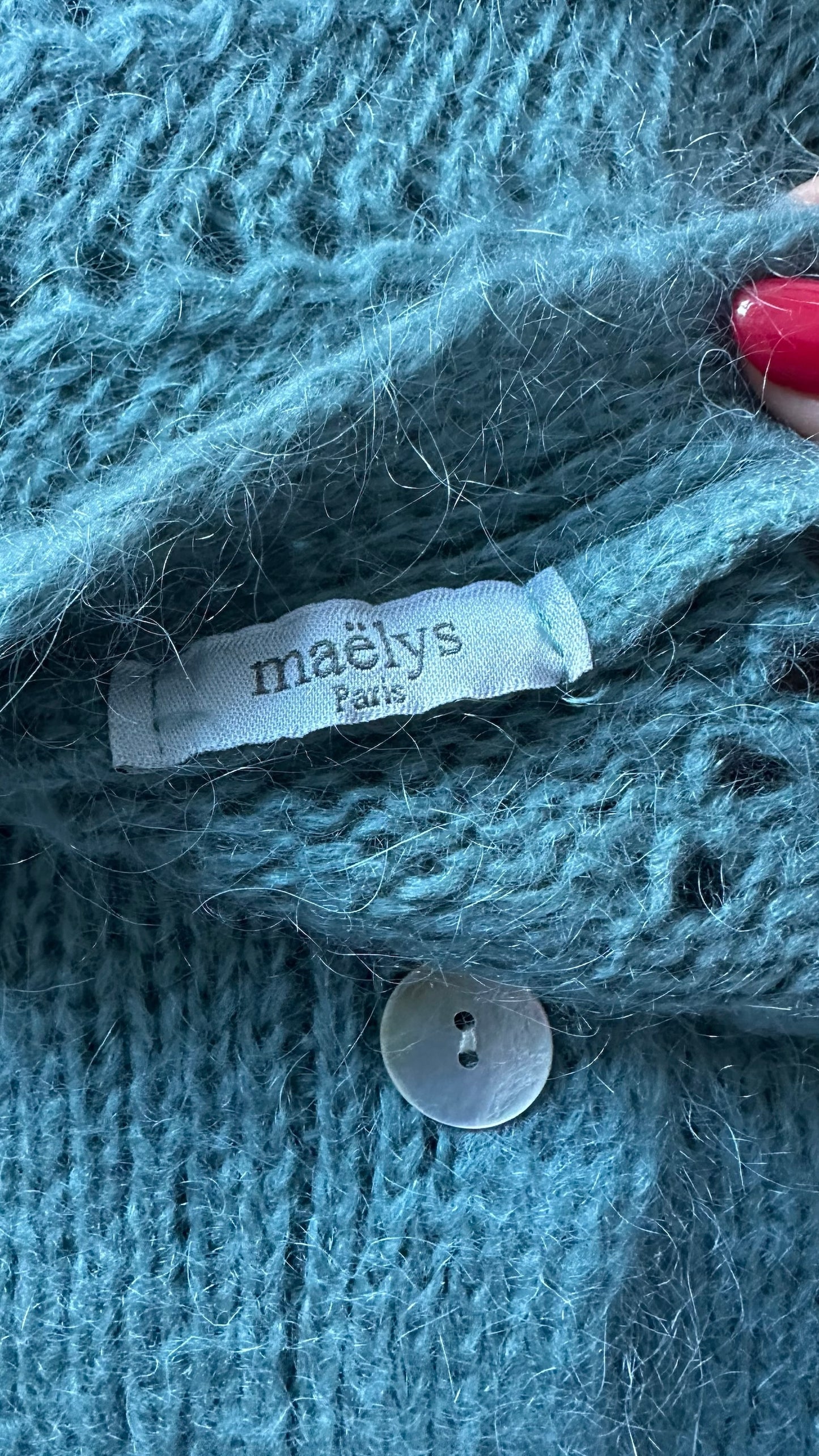 Maelys teal turquoise blue crotchet knit mohair blend button up cardigan medium large ML UK 10-12 excellent used condition