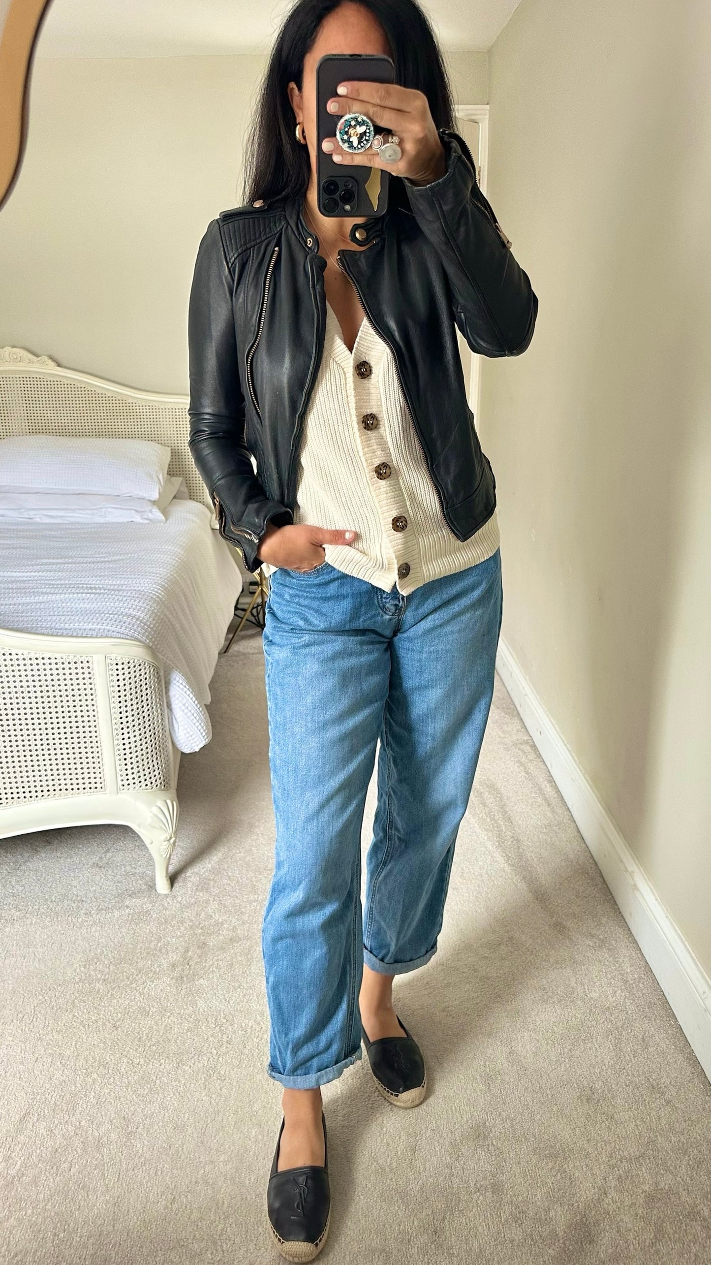 Zara black real leather zip up jacket small S UK 8 vgc