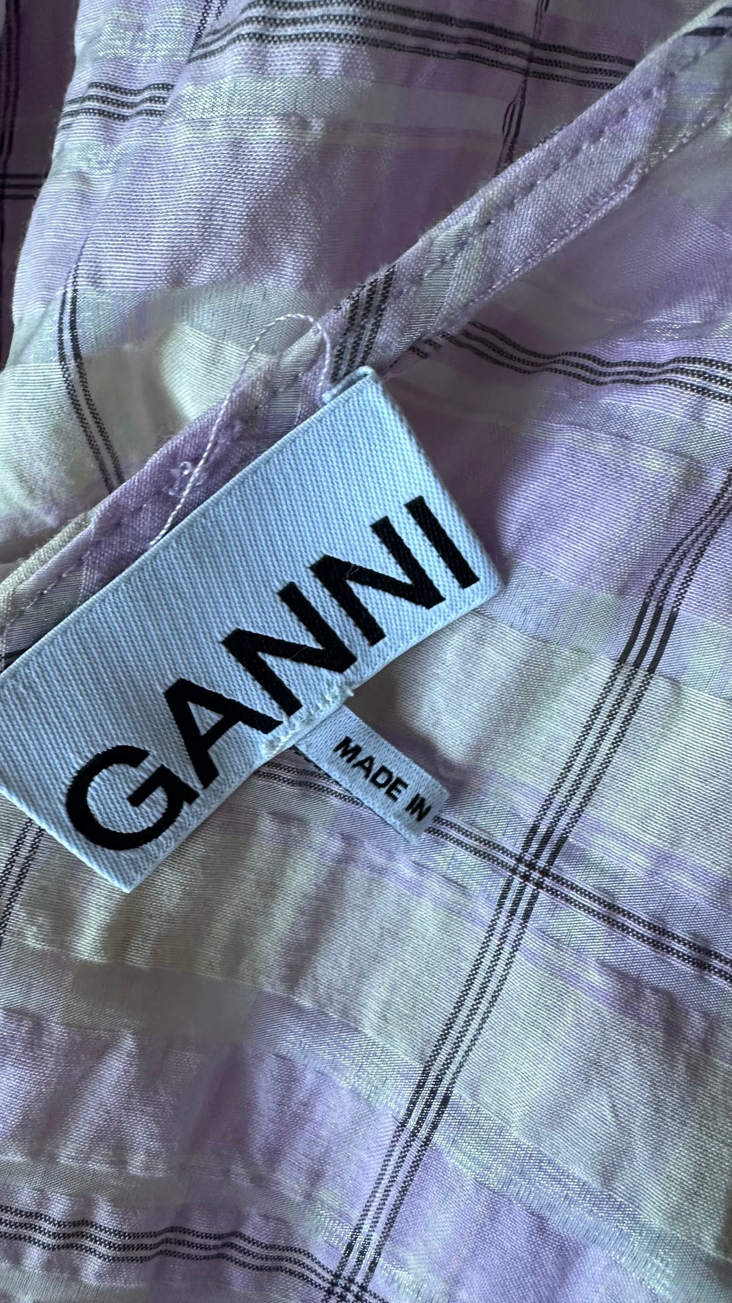 Ganni lilac cream gingham baby doll mini dress holiday medium M UK 10 vgc