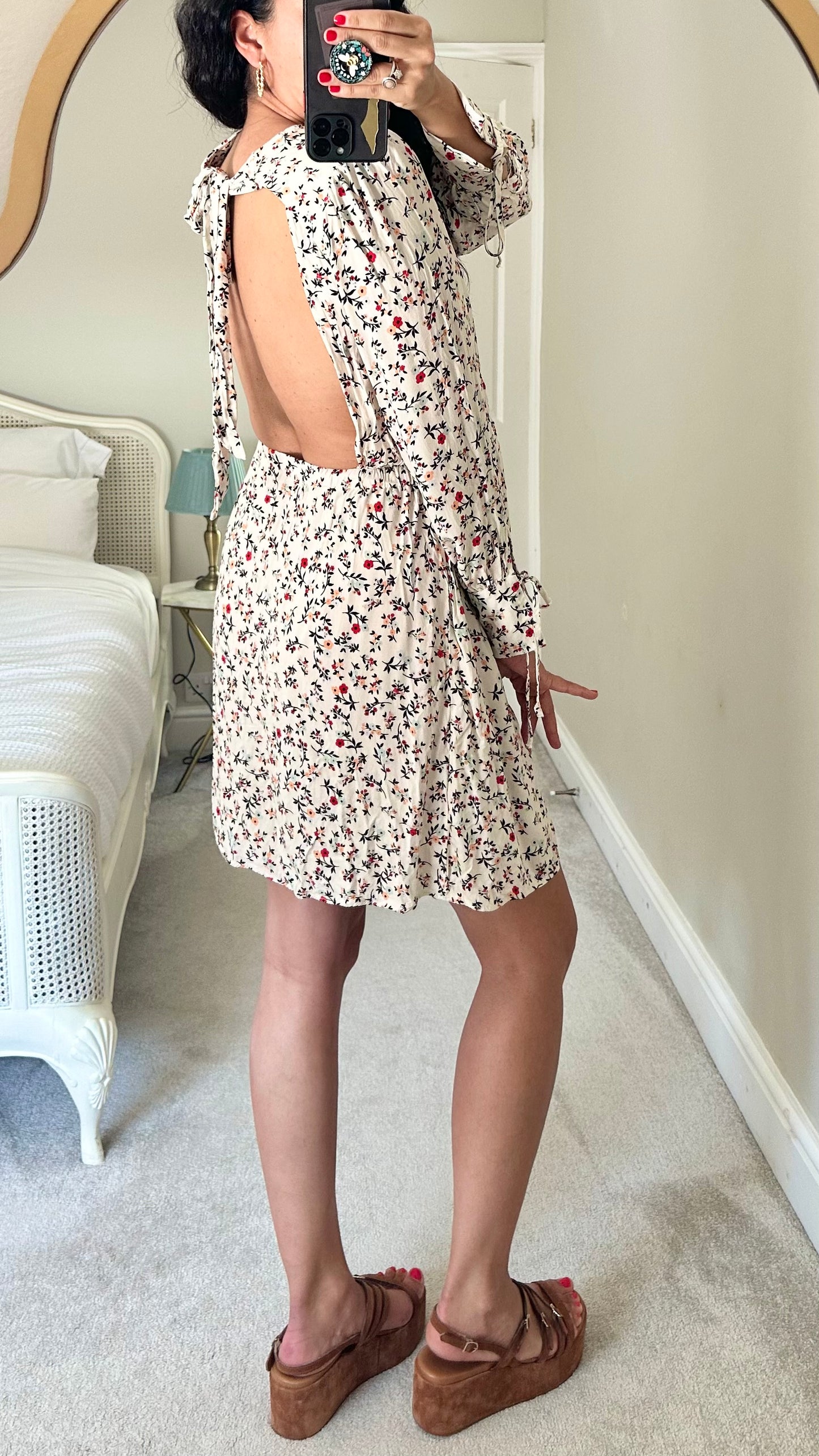 ALIGN @ Anthropologie white cream red backless ditsy floral dress small medium UK 8 10 holiday