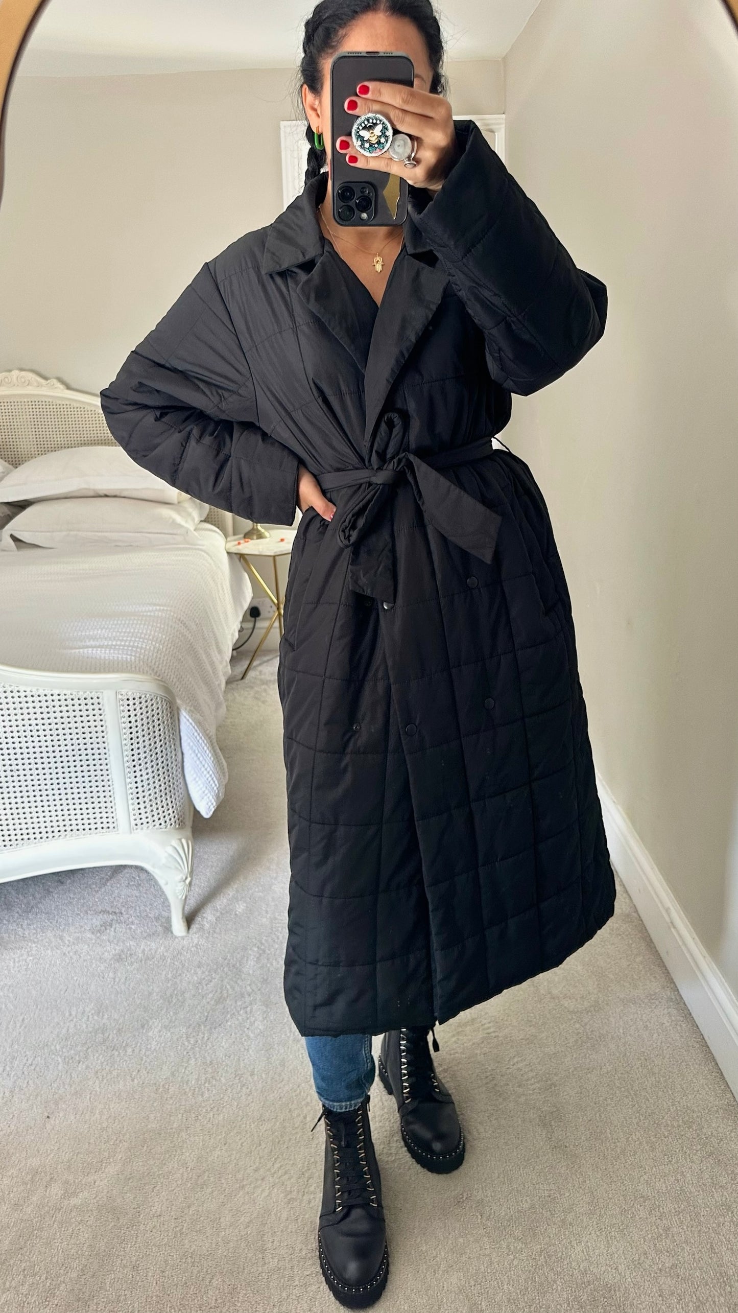 Selected femme @ Anthropologie black quilted puffer jacket long line coat large UK 12-14 vgc w25