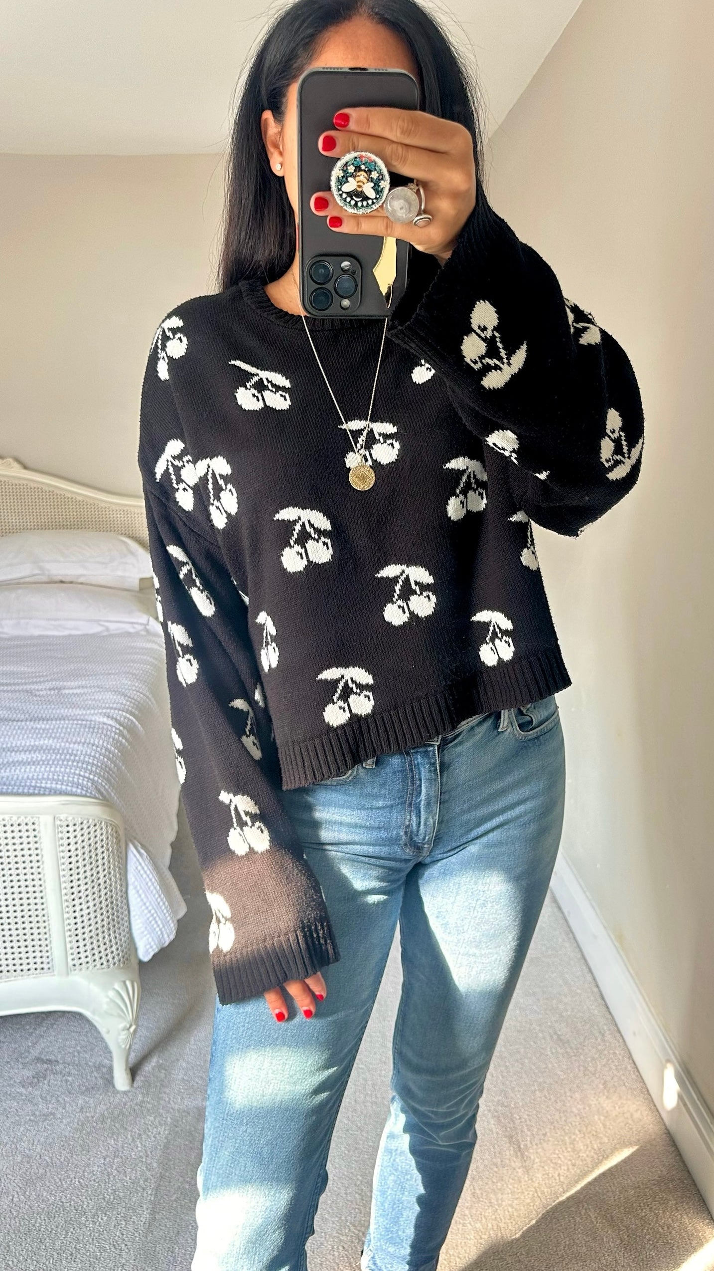 Asos black white cherry print knitted jumper medium UK 10-12 vgc w25
