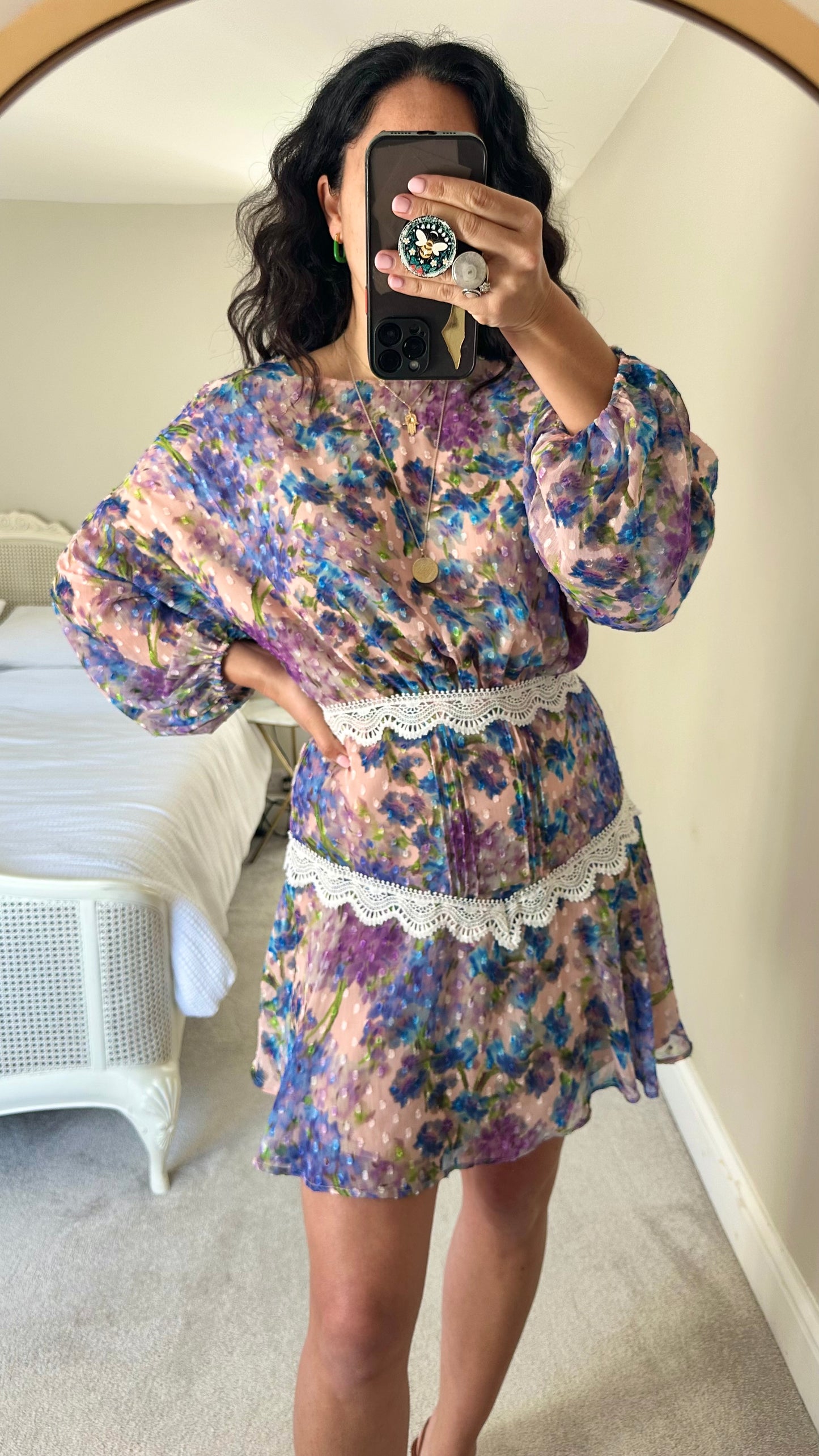 Hope & Ivy lilac blue lace mid length wedding guest dress large UK 12 vgc
