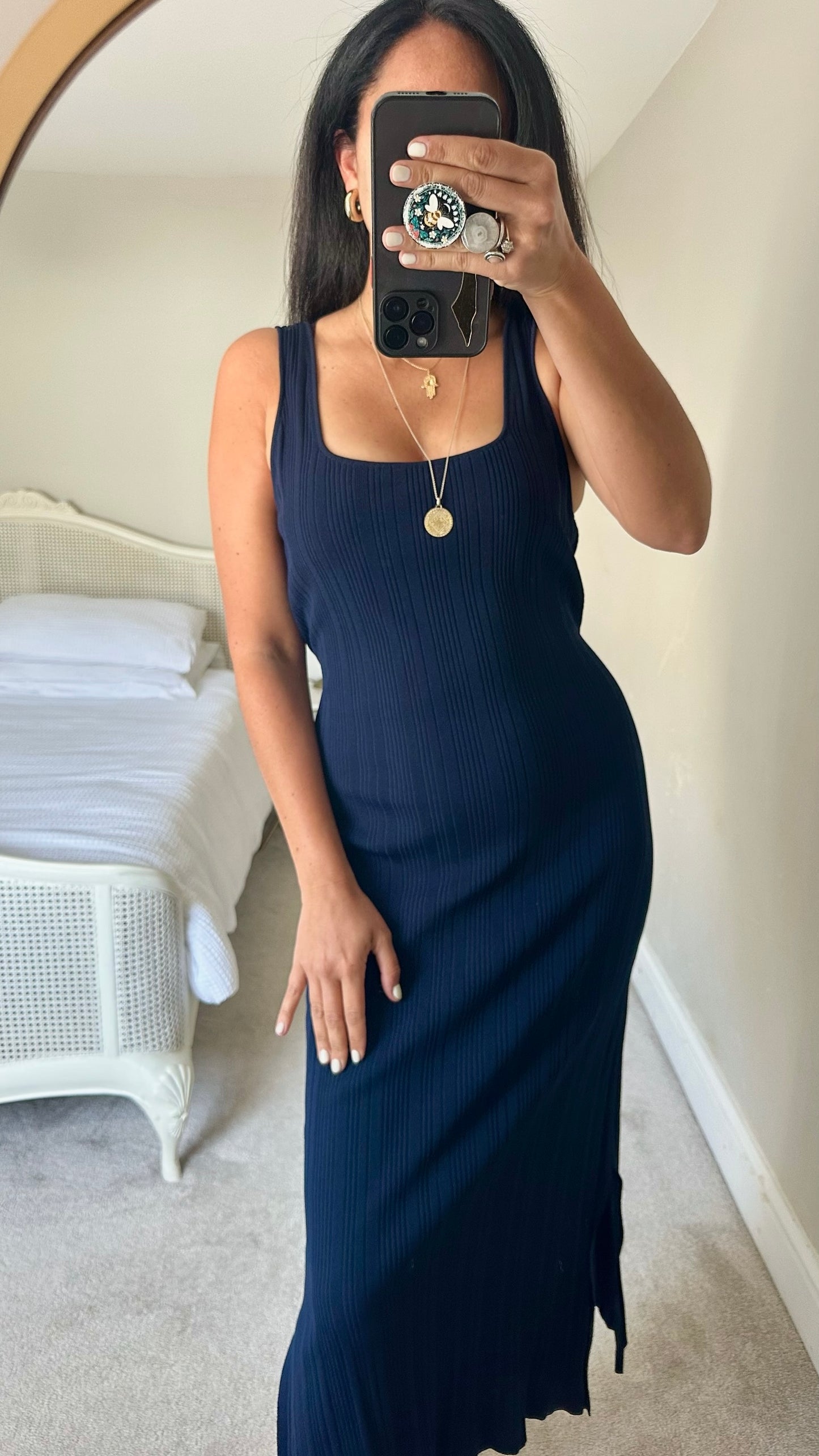 Oliver Bonas navy blue ribbed tie belt midi dress small UK 8-10 vgc