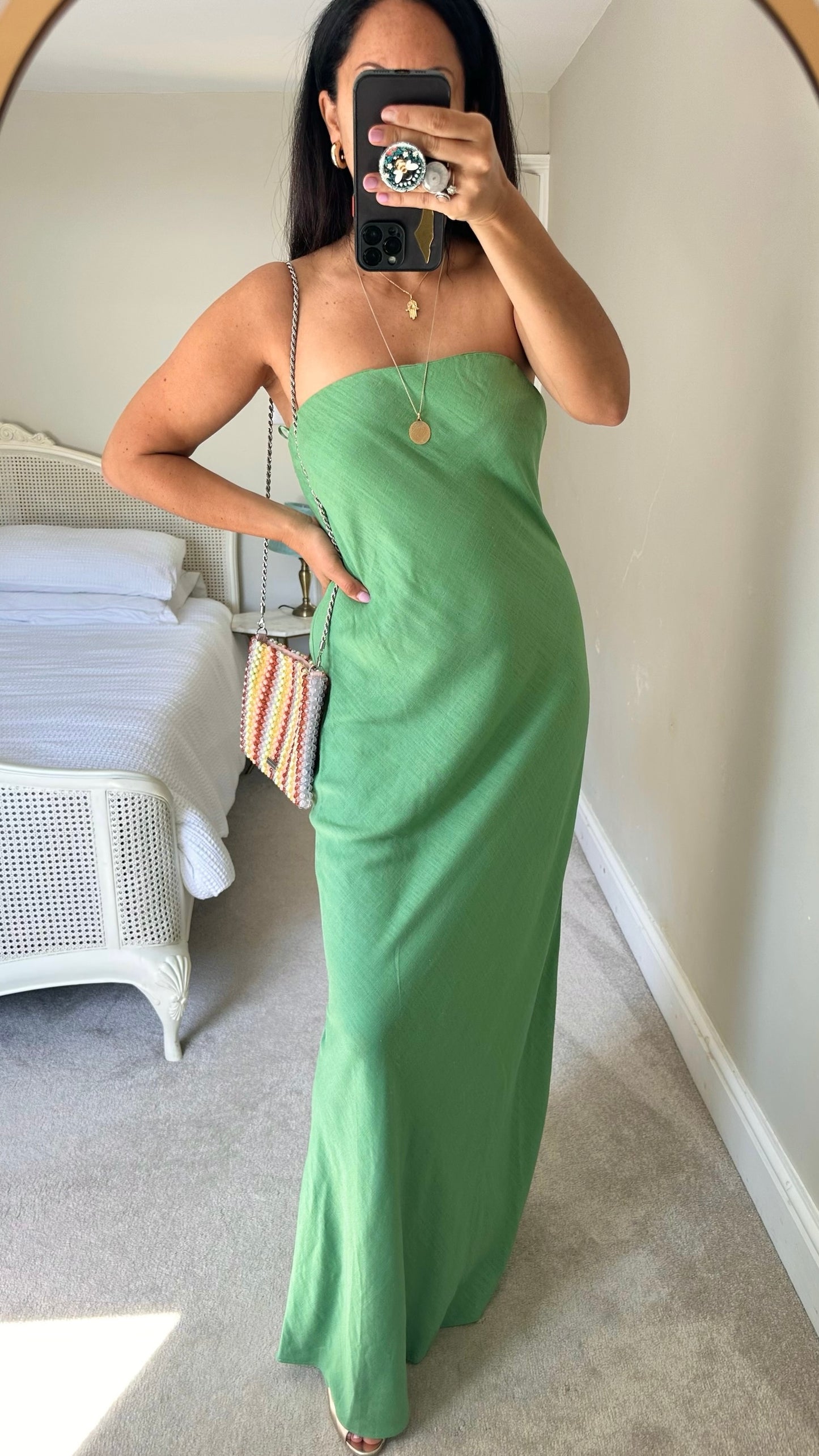 Anthropologie light green linen blend bandeau strapless maxi dress holiday event large L UK 12-14 BNWT