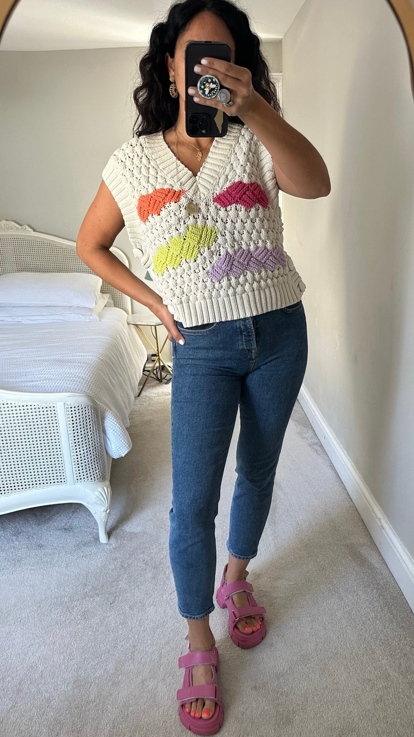 Zara cream multicolour block crochet waistcoat small S UK 10 vgc