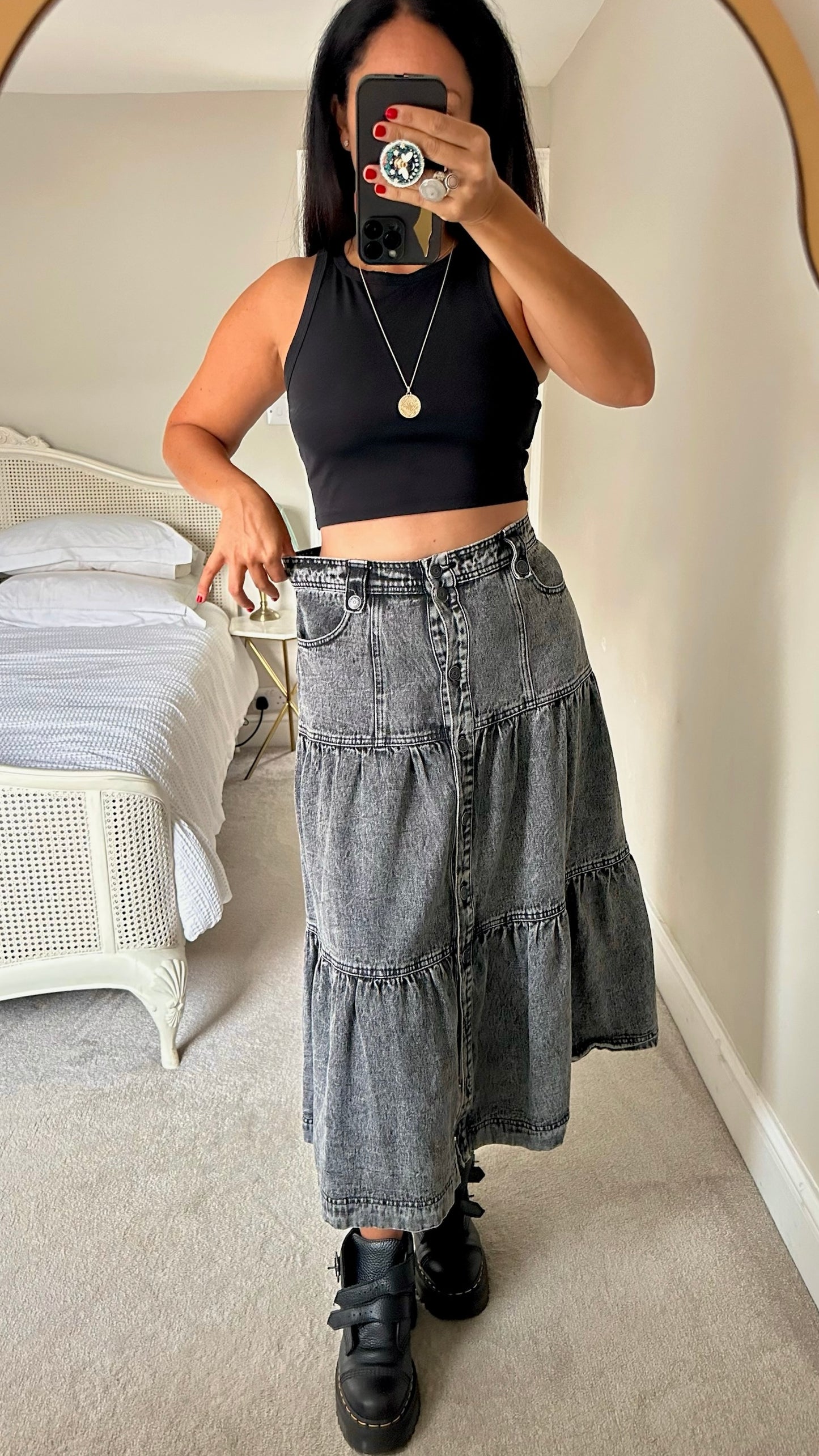 Object charcoal grey black tiered maxi denim skirt medium UK 10 vgc w25