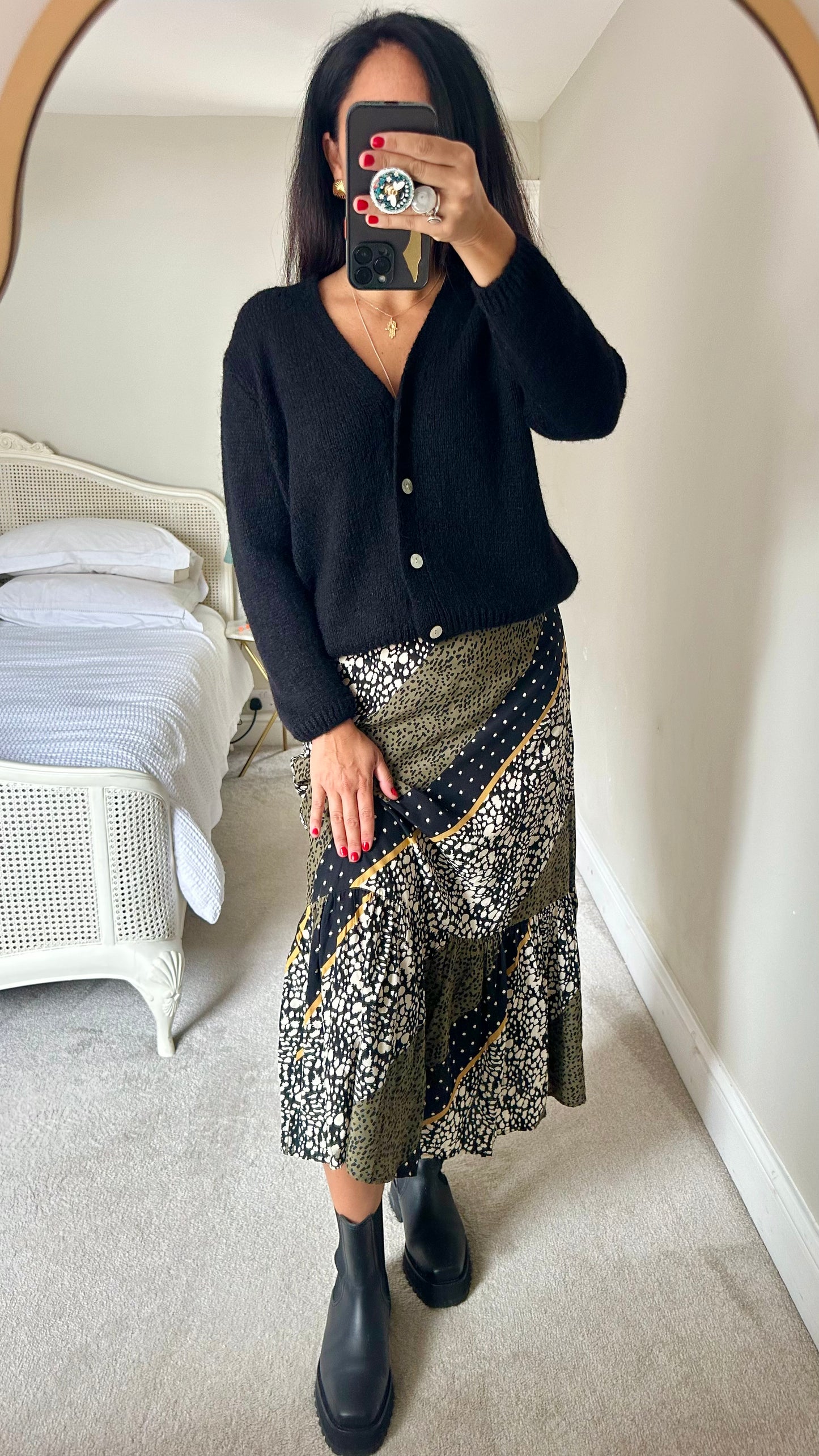 Oliver Bonas khaki green tiered midi maxi long skirt small UK 8 leopard animal vgc w25