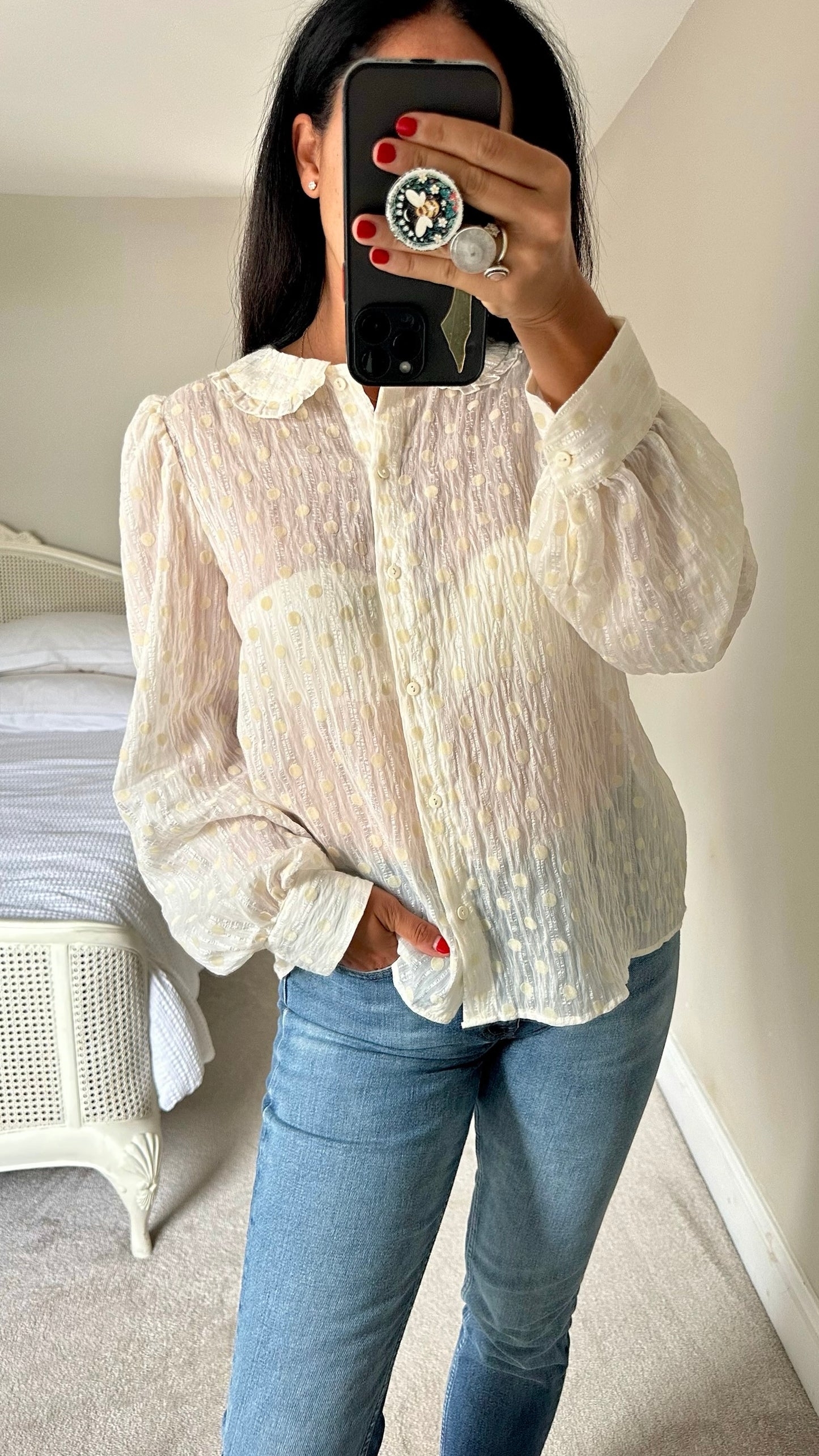 Oliver bonas white cream crinkle shimmer shirt extra large UK 14 vgc w25