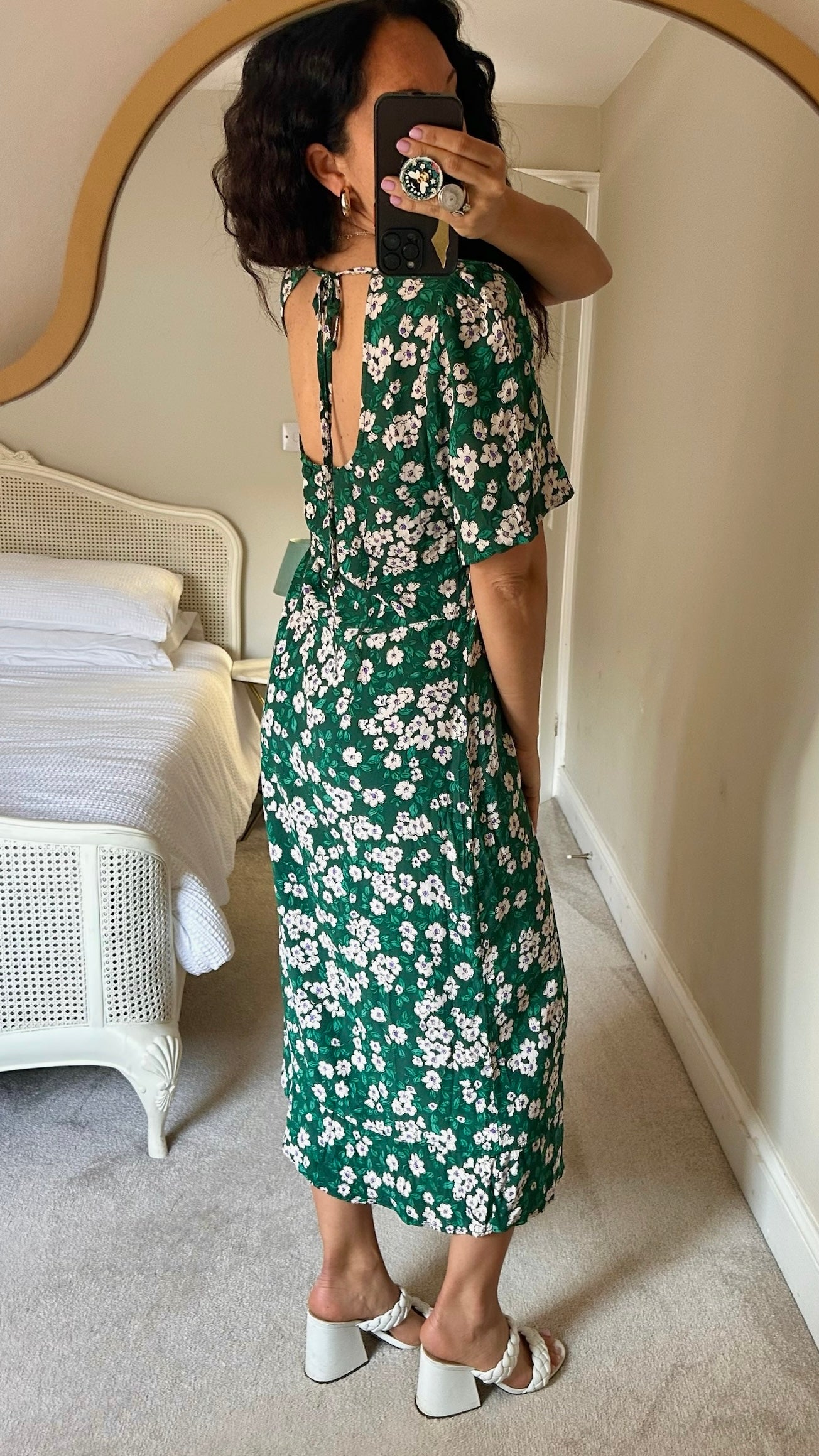 Nobody’s child dark green white floral print open back midi dress wedding guest extra large XL UK 14 vgc