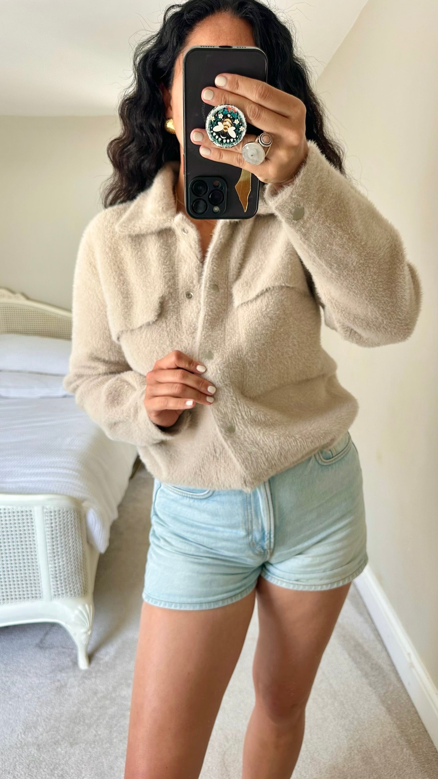 Yaya women stone beige fluffy button up shacket small medium SM UK 8-10