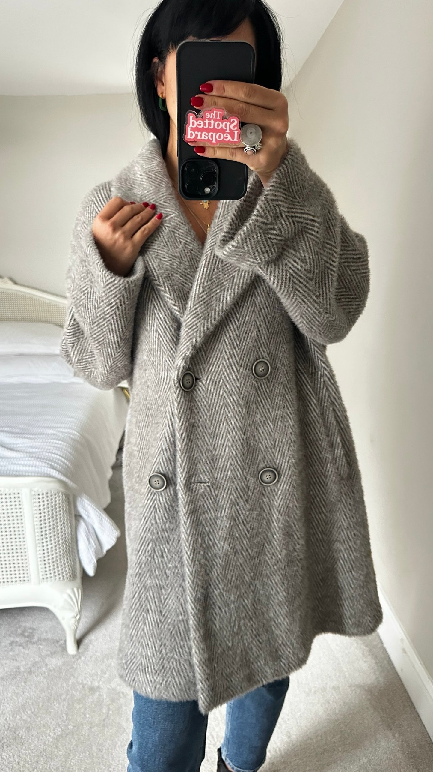 Nicole Farhi grey white herringbone wool blend coatigan coat jacket extra large UK 14 vgc